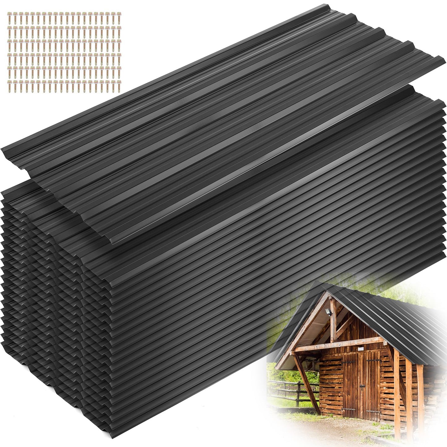 Yaocom 20 Pack Black Corrugated Metal Roof Panels, 106 Sq.ft Cover with Screws, Sleek Finish for Modern Shed, Patio Cover and Outdoor DIY Projects, Black