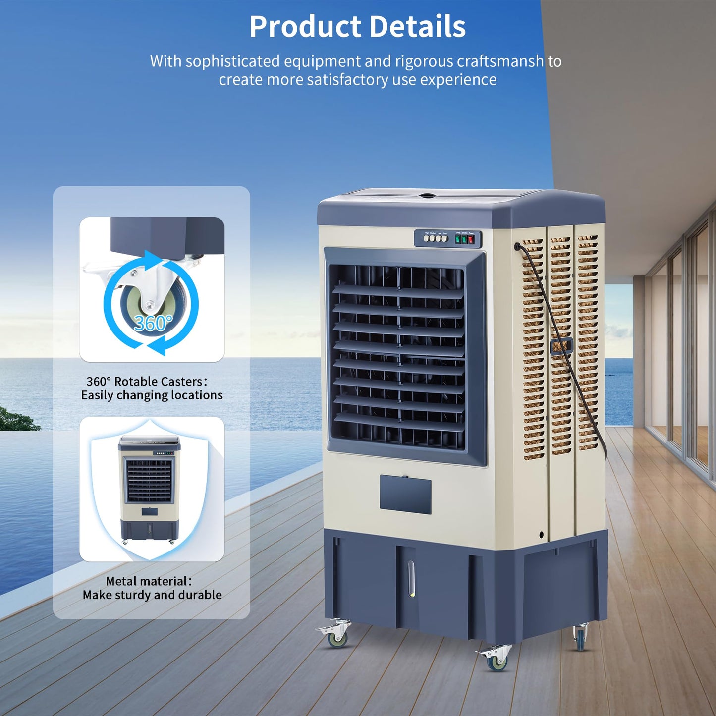 Uthfy 41" Swamp Cooler, 4800 CFM Evaporative air Cooler with 10.6 Gallon Water Tank, Portable Outdoor Air Conditioner with 3 Ice Pack, 120° Oscillation, 3 Speed for Garage, Yard, Blue