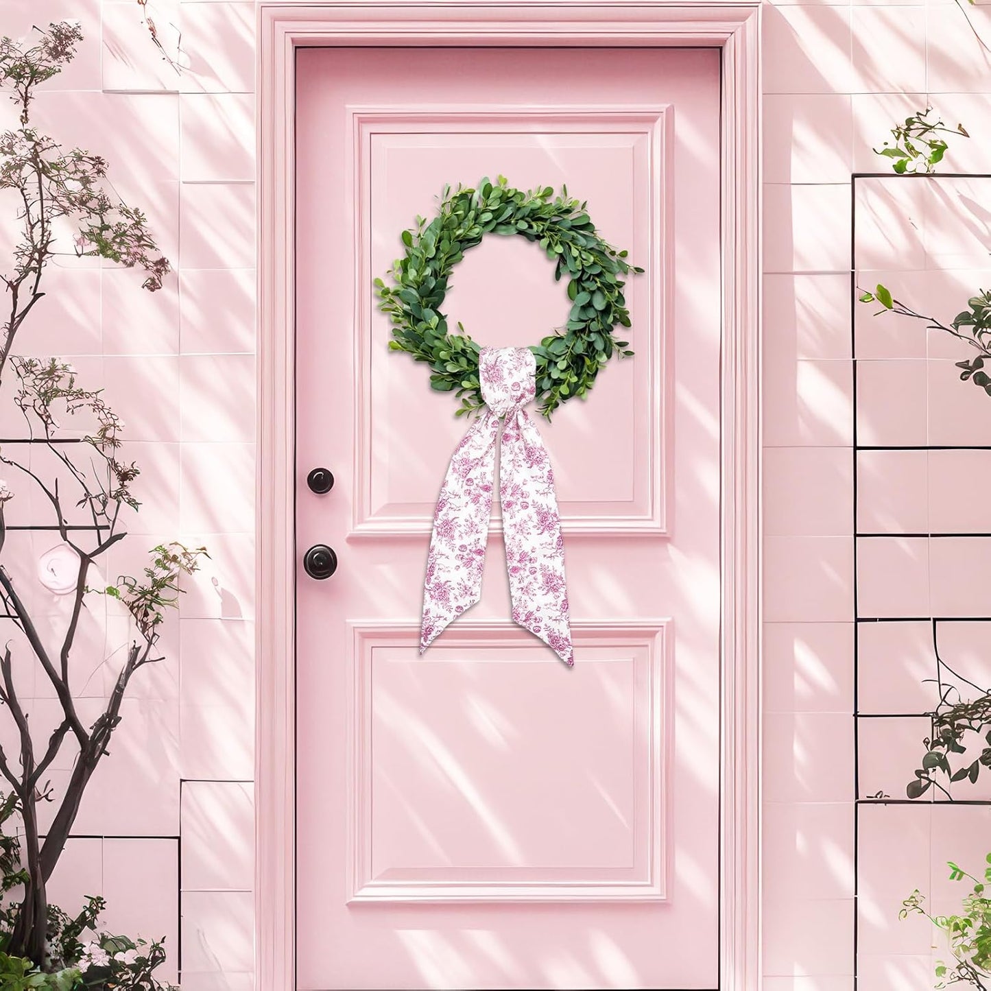 Whaline Pink Flower Wreath Sash - Chinoiserie Floral Garland Ribbon for Holiday Home Decor | 2 Pcs