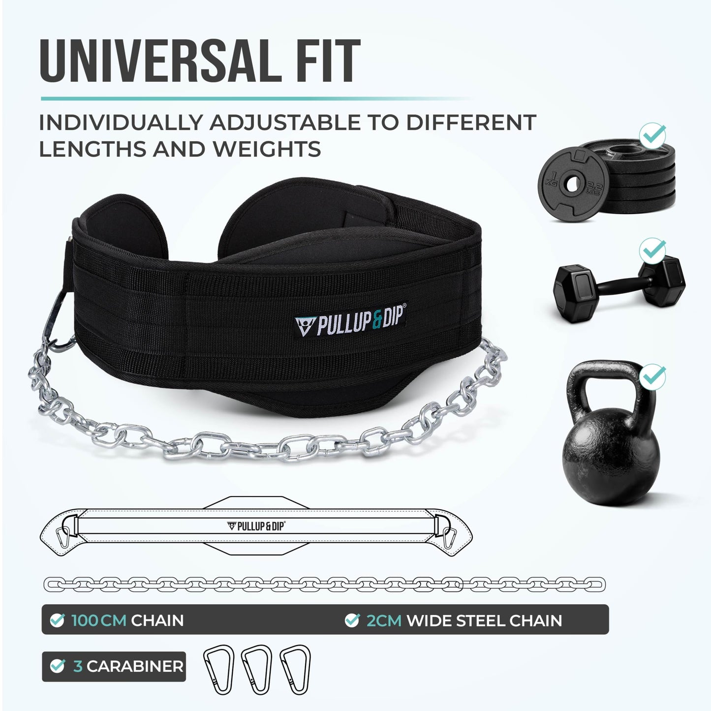 PULLUP & DIP Weightlifting Belt for and additional Strength and Muscle Building, Weight Belt with Steel Chain & 3x Carabiner, Dip Belt for Calisthenics, Weight Training, Training at Home and Bodybuilding
