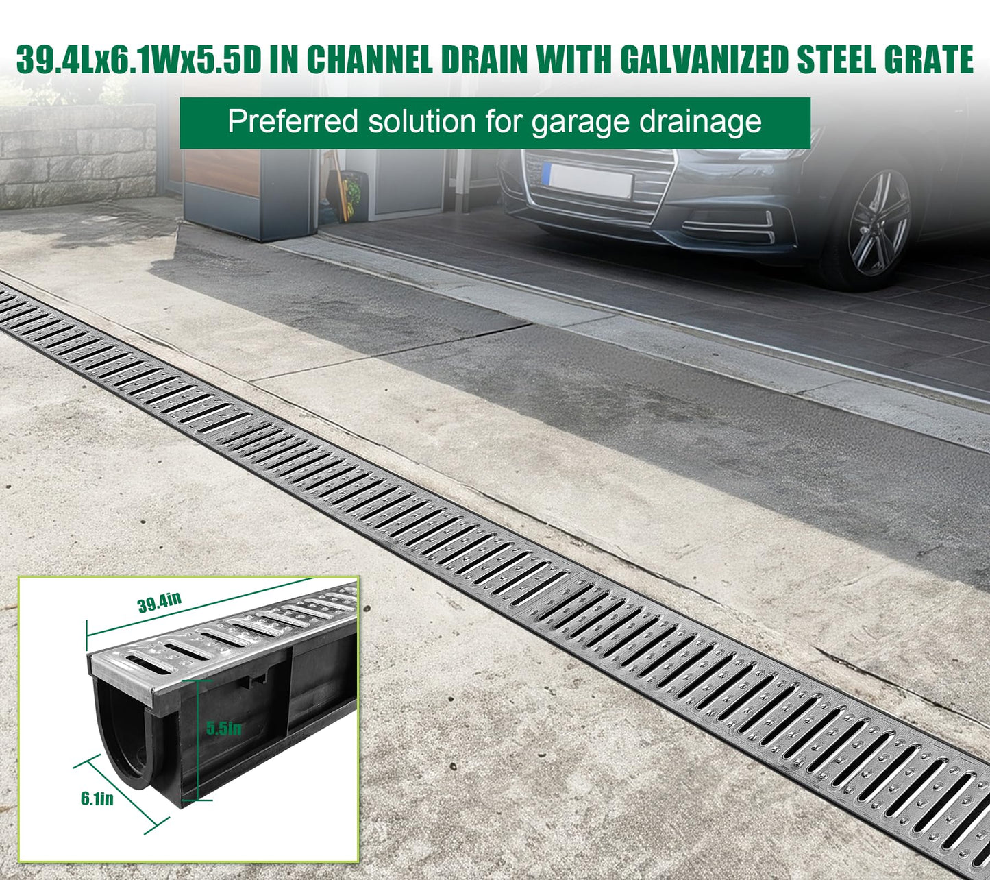 Natotela Channel Drain with Galvanized Steel Grates-39.4Lx6.1Wx5.5H in. Deep Profile Trench Drain System for Driveway,6 Pack Total Length 236.2in,Heavy Duty Drainage System for Garage,Parking Lot