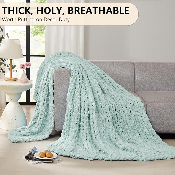 L'AGRATY Chunky Knit Blanket Throw: 50''x60'' Chenille Chunky Knitted Throw Blankets for Bed Couch - Handmade Thick Big Cable Knit Blanket - Large Crochet Rope Blankets for Home Decor(Mint Green)