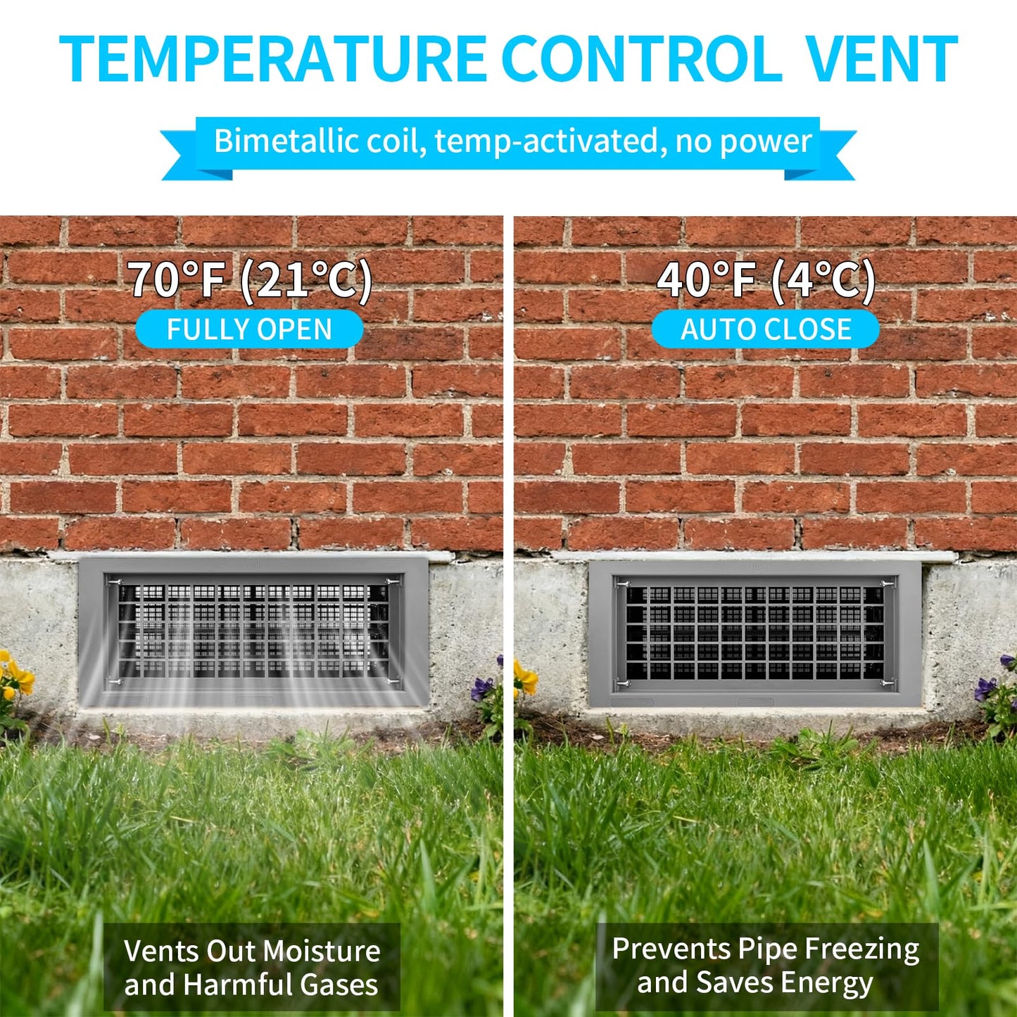 ZXQDRE Foundation Vent for Crawl Space Automatic, 8x16 Inch Auto Open/Close Foundation Vent Cover for Freeze Protection & Energy Saving | Easy Install Crawlspace Vents Replacement (Gray, 6 Pack)
