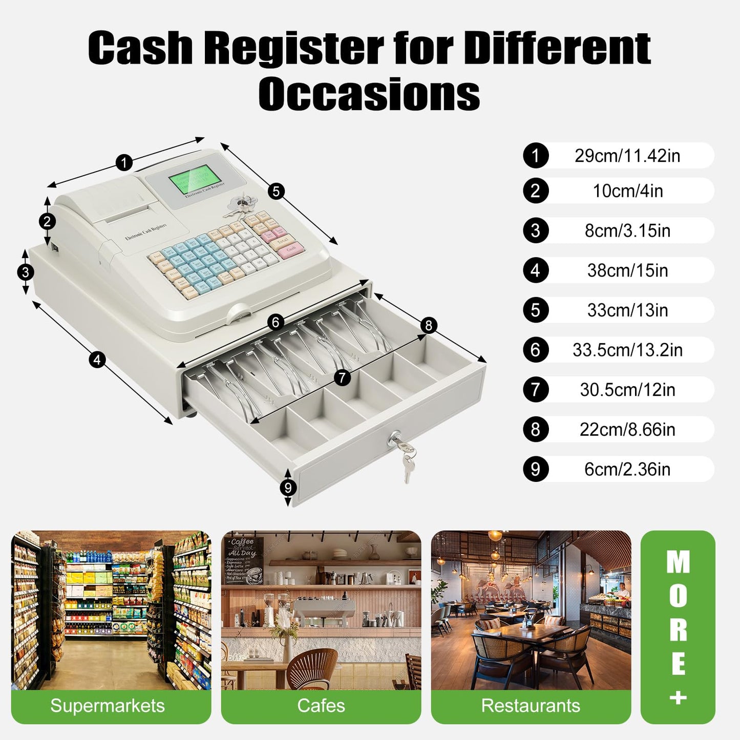 Cash Register, 48 Keys Cash Registers with Drawer with Integrated Structure and Emergency Switch Classified Storage Electronic Cashs Register for Catering Supermarkets Clothing Stores Hamburger Stores