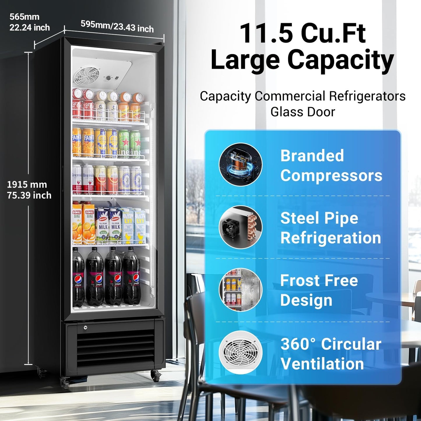 BODEGACOOLER Commercial Beverage Refrigerator and Cooler, 11.5 Cu.Ft Commercial Refrigerators Glass Door Fridge for Bar, drink, Commercial Merchandiser Refrigerator with 312 cans & 192 bottles.