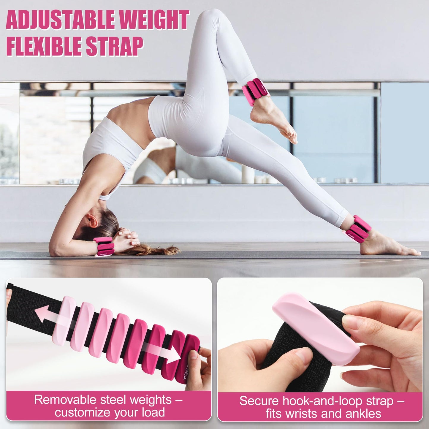 INDEPANDIA Wrist & Ankle Weights for Women and Men, 2lbs Pair Adjustable Silicone Weighted Bangles for Arm & Leg Workouts, Perfect for Pilates, Yoga, Walking & Home Fitness Training Gradient Pink