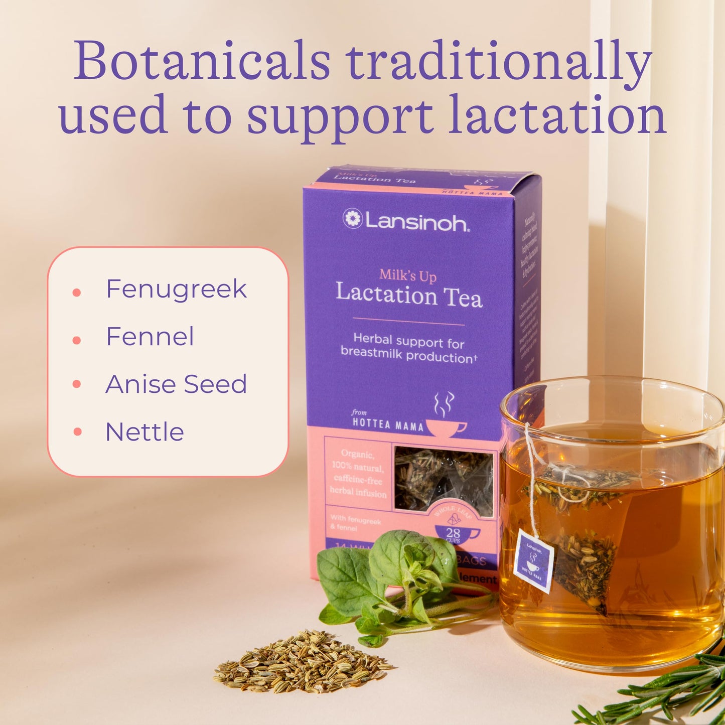 Lansinoh + HotTea Mama Milk's Up Lactation Support Tea with Fenugreek, Fennel, Anise Seed, Caffeine-Free, Sugar-Free, Postpartum Essentials for New Moms, Includes 14 Tea Sachets
