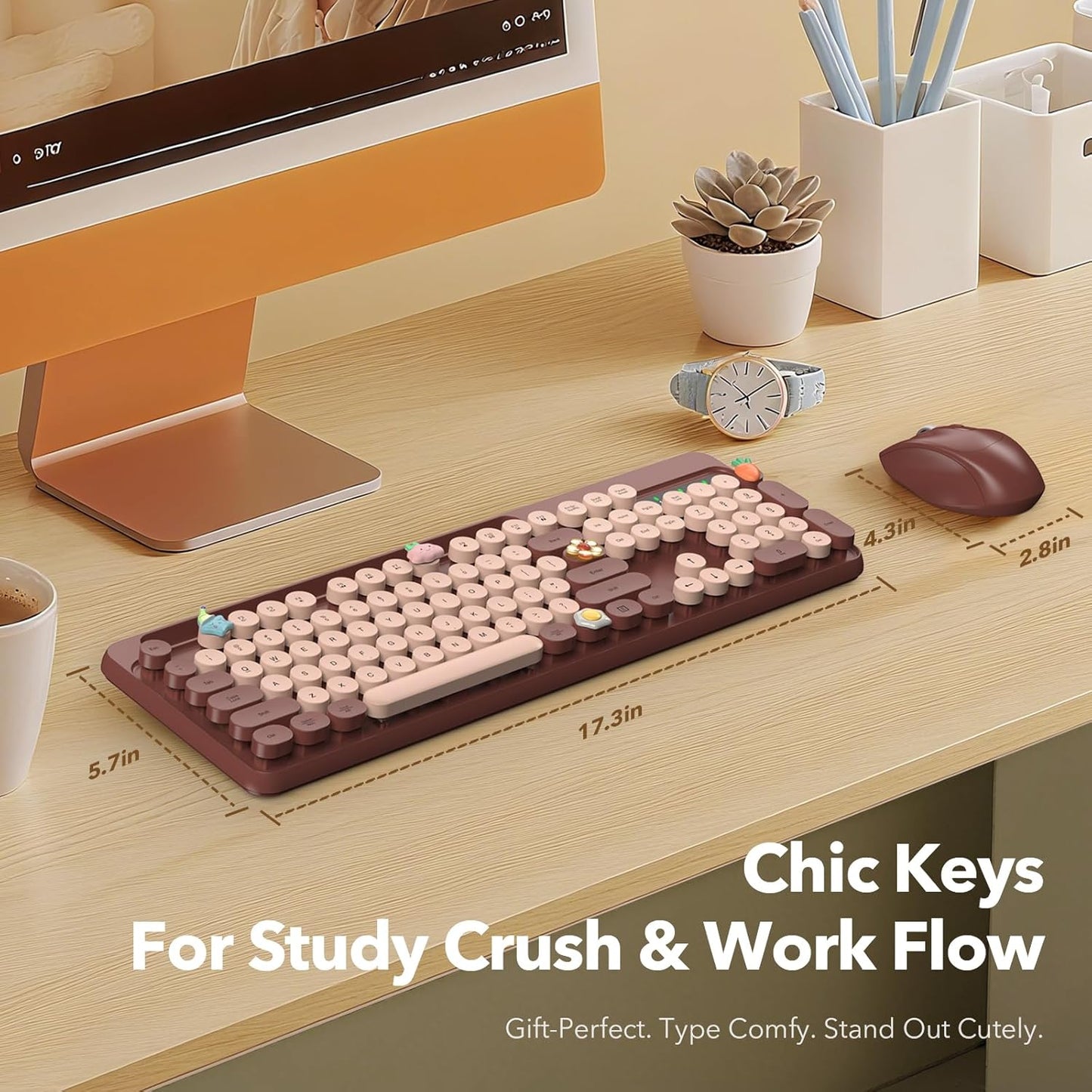 Trueque 2.4GHz Wireless Keyboard and Mouse Combo, Retro Round Keycaps, Full-Size Cute Typewriter Keyboard with Large