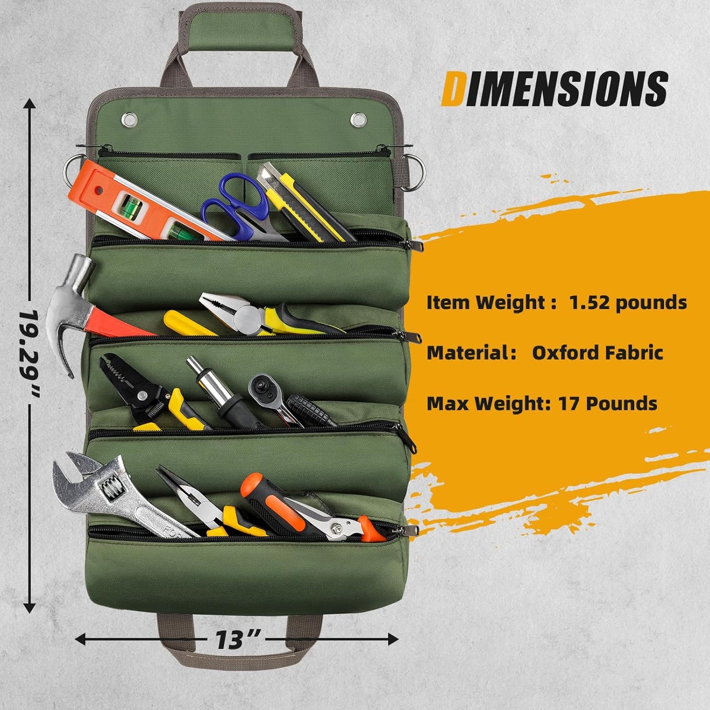 UUP Heavy Duty Tool Bag Roll Up - Portable Foldable Organizer with Pockets | Green, Perfect for Mechanics & Gifts for Dad