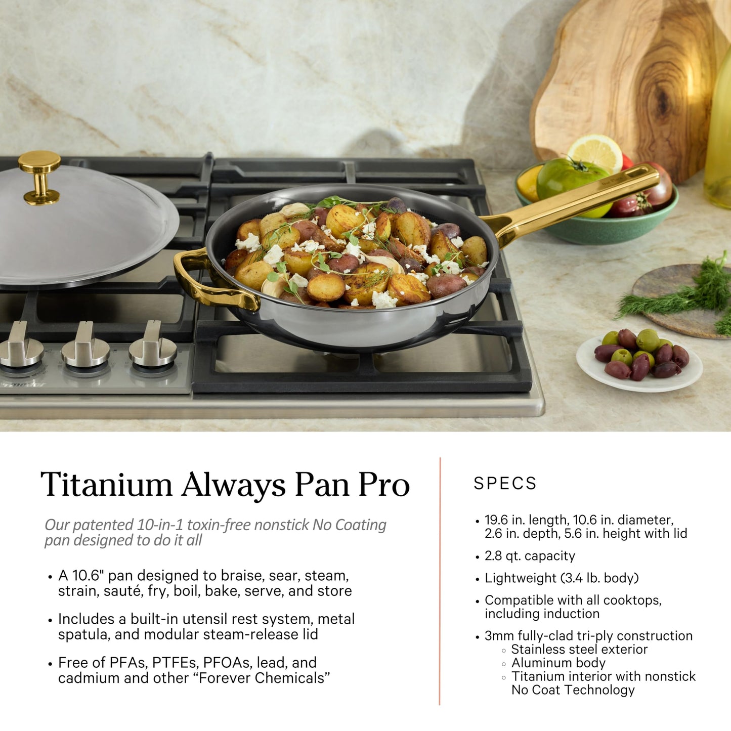 Our Place Titanium Pro Cookware Set | 10-Piece Pots and Pans Set with Always Pan Pro, Perfect Pot Pro & Minis | Non-Toxic No-Coating Nonstick | Induction & Oven-Safe up to 750°F | Gold