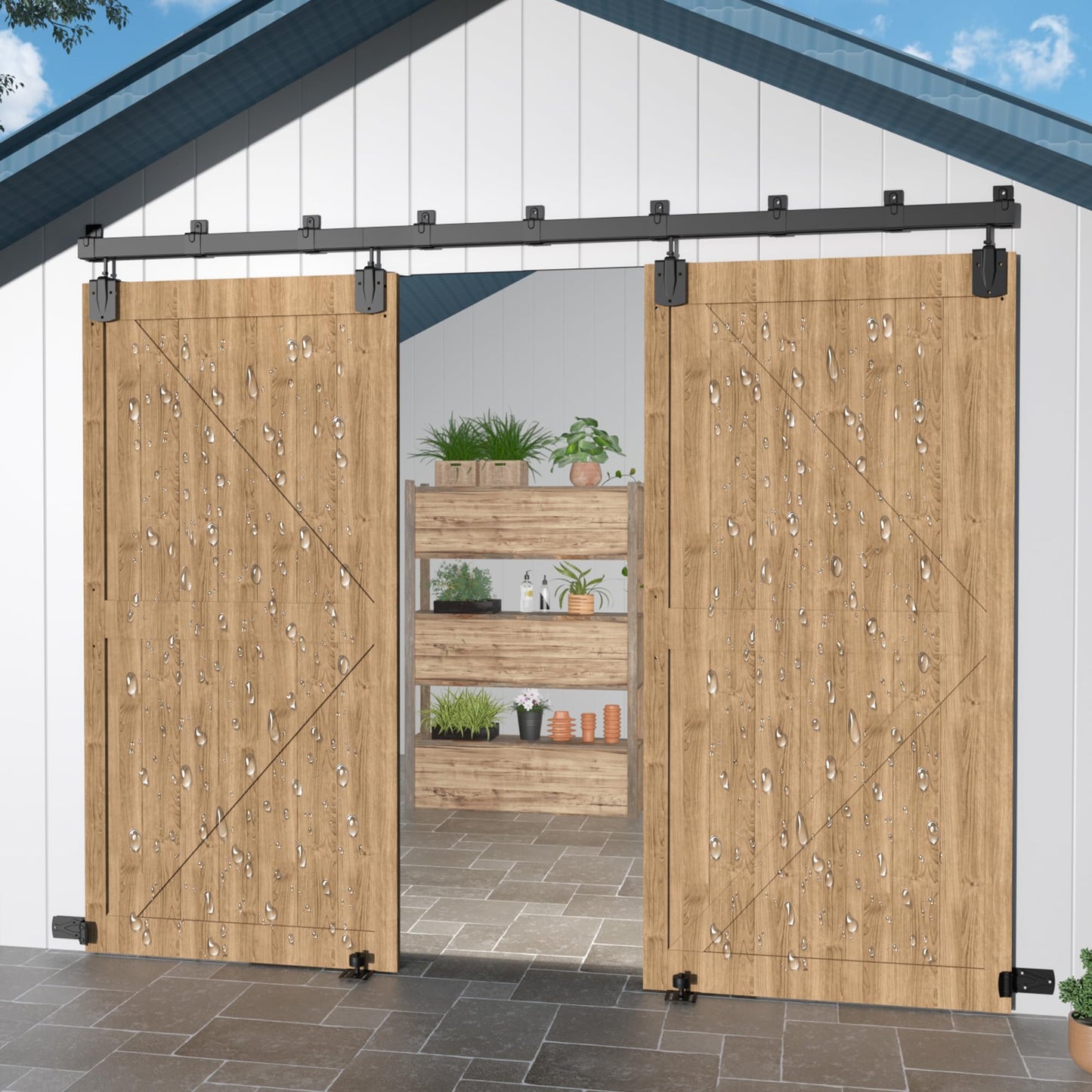 BarnBase 14FT Heavy Duty Box Rail Exterior Barn Door Hardware Kit, Sliding Door Hardware, Outdoor Barn Door Hardware Kit for 2 Doors(Door not Include), 450 lbs Capacity, Black