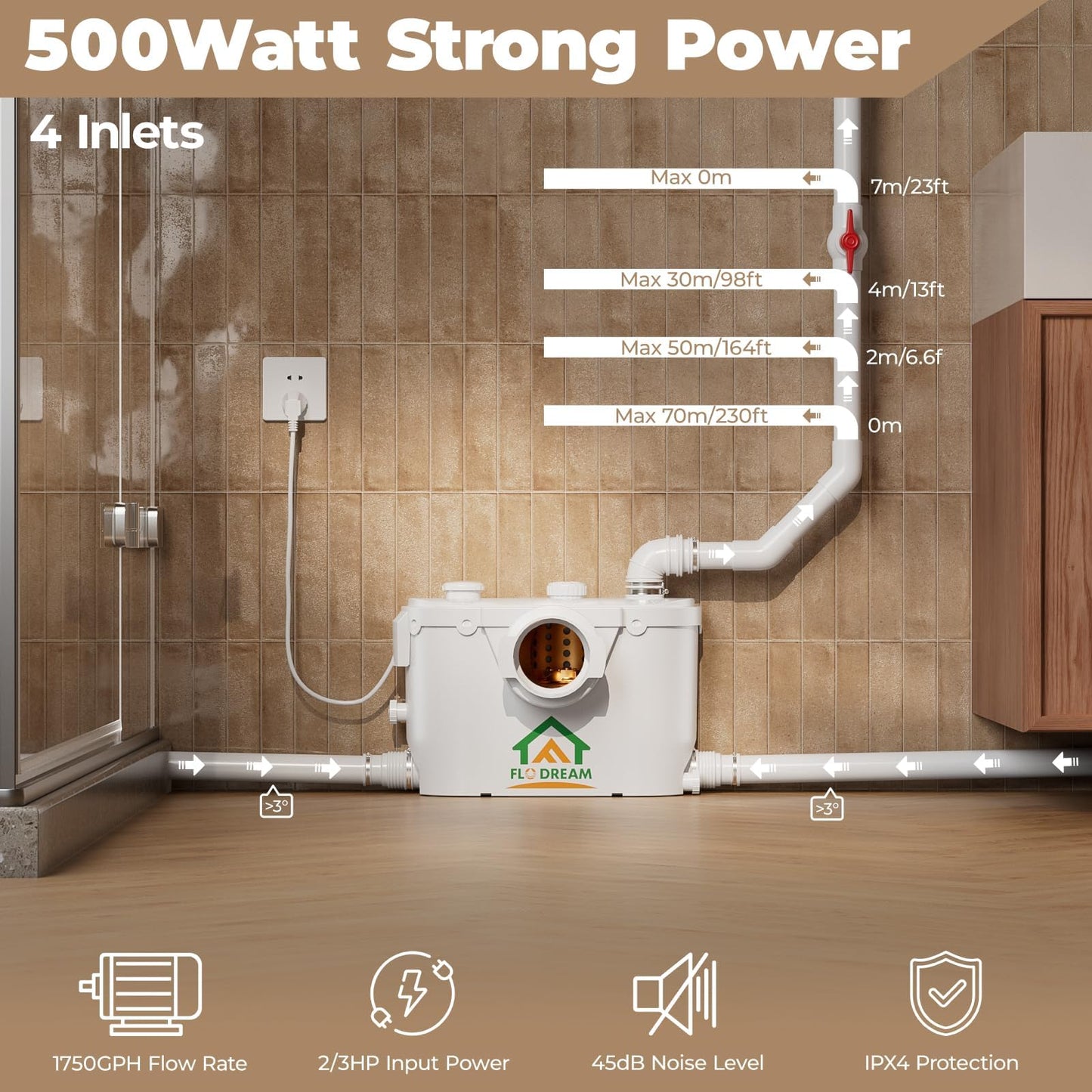 Macerating Toilet with Pump–Upflush Toilet System for Basement/Attic, 4 Water Inlets & AC Vent, 36ft Vertical Lift, Dual Flush, Easy Install,17.7" Elongated Bowl