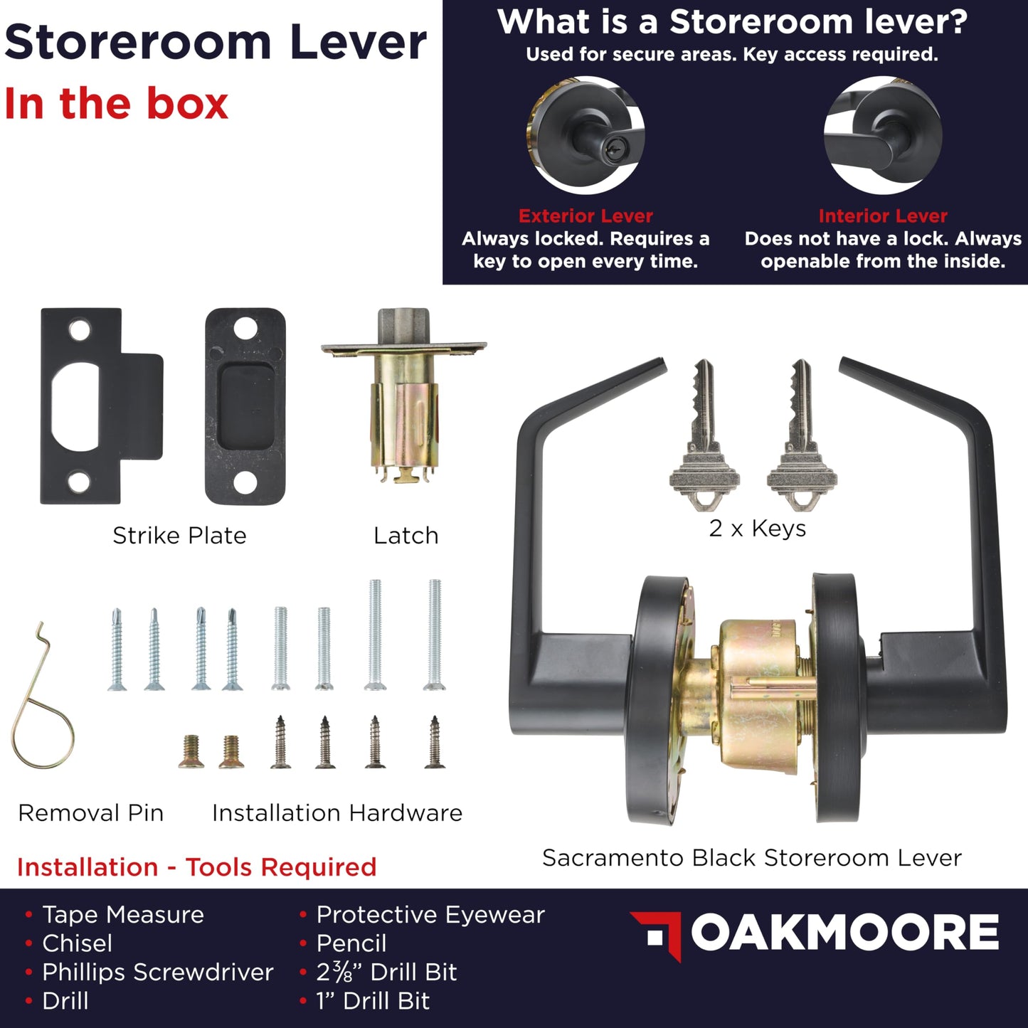 OAKMOORE Commercial Door Handle Black - Grade 2 Lockset - Door Lever Schools Offices Industrial UL CUL & ADA – ANSI A156.2 (Storeroom (Auto Locking, Need Key))
