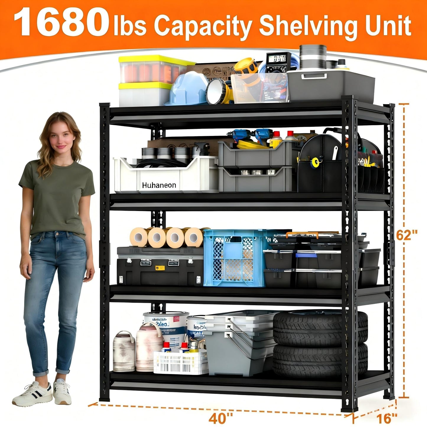 Huhaneon Metal Garage Shelving for Storage - 40'' W 1,680 Lbs Heavy Duty 4 Tier Utility Shelves Freestanding - Adjustable Rack Units for Basement Pantry Kitchen - 40" W x 16" D x 62" H Black