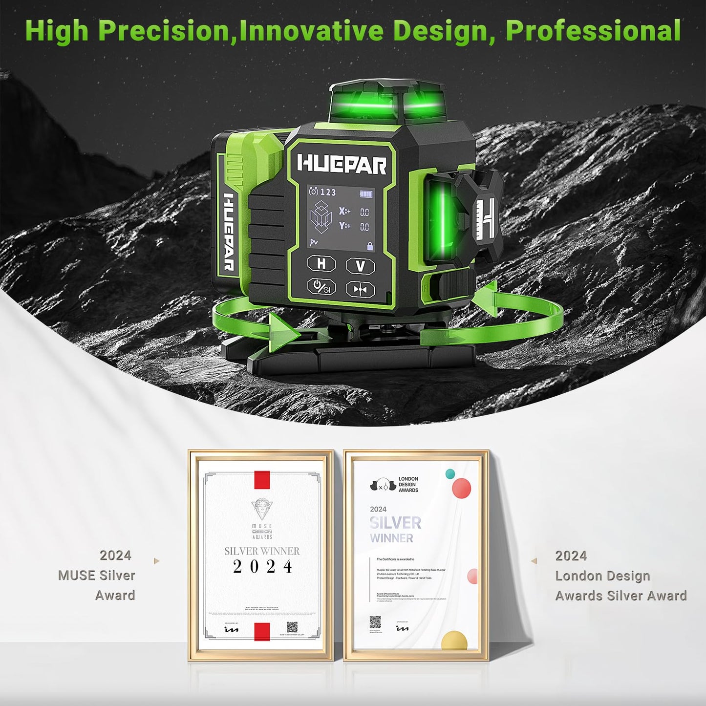 Huepar W04CG Laser Level 360 Self Leveling with Digital Angle Finder Digital Angle Gauge, Laser Class: Class II (IEC/EN60825-1/2014), 1mW power output