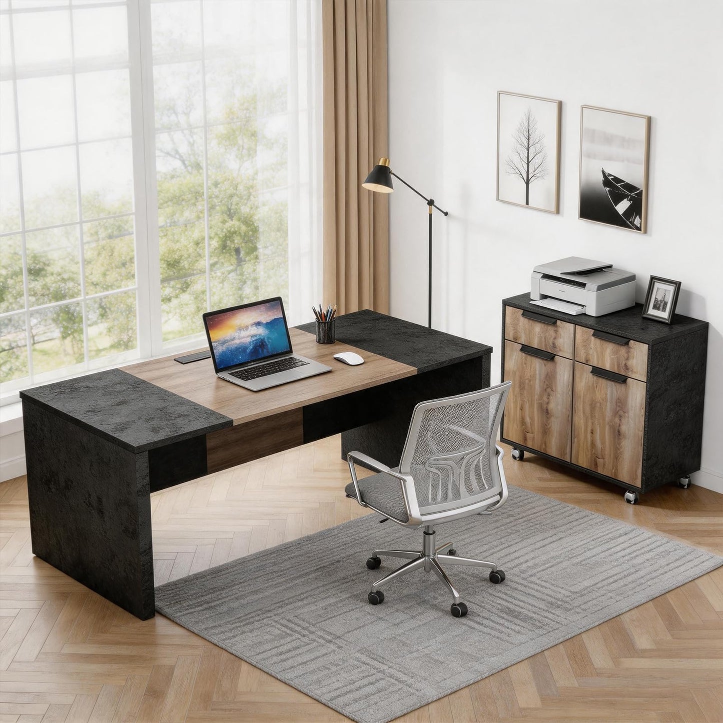 SAINTCY Executive Office Desk with Mobile File Cabinet, L Shaped Desk with Power Outlet & Drawers, Modern Wood Office Desk for Home Office, Studio & Business Workspace (Mahogany, 78.75" W)