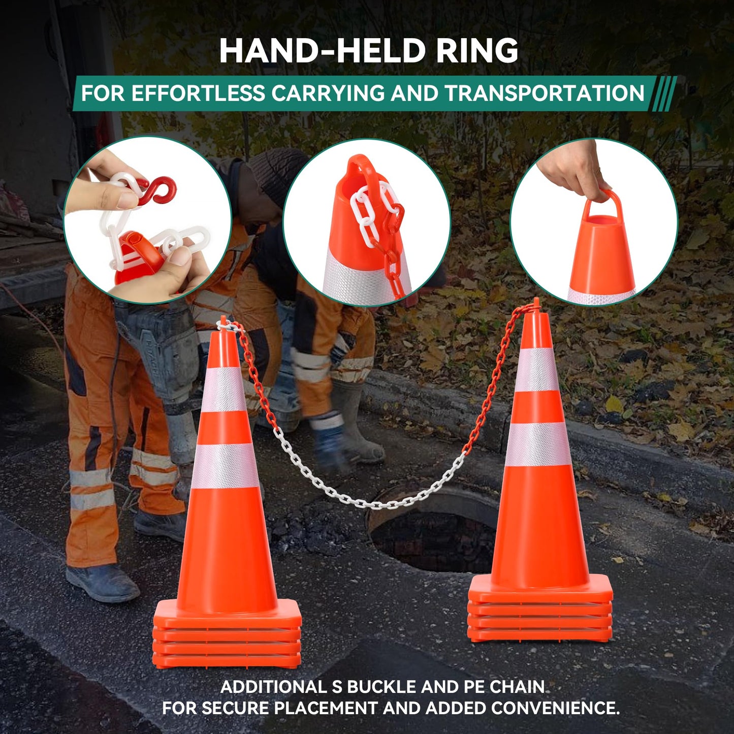 YITAHOME Traffic Cones 28 Inch (24 Pack), with 72FT Chain and Reflective Collars, PVC Safety Cones, Orange Construction Cones for Parking Lot, Home Road