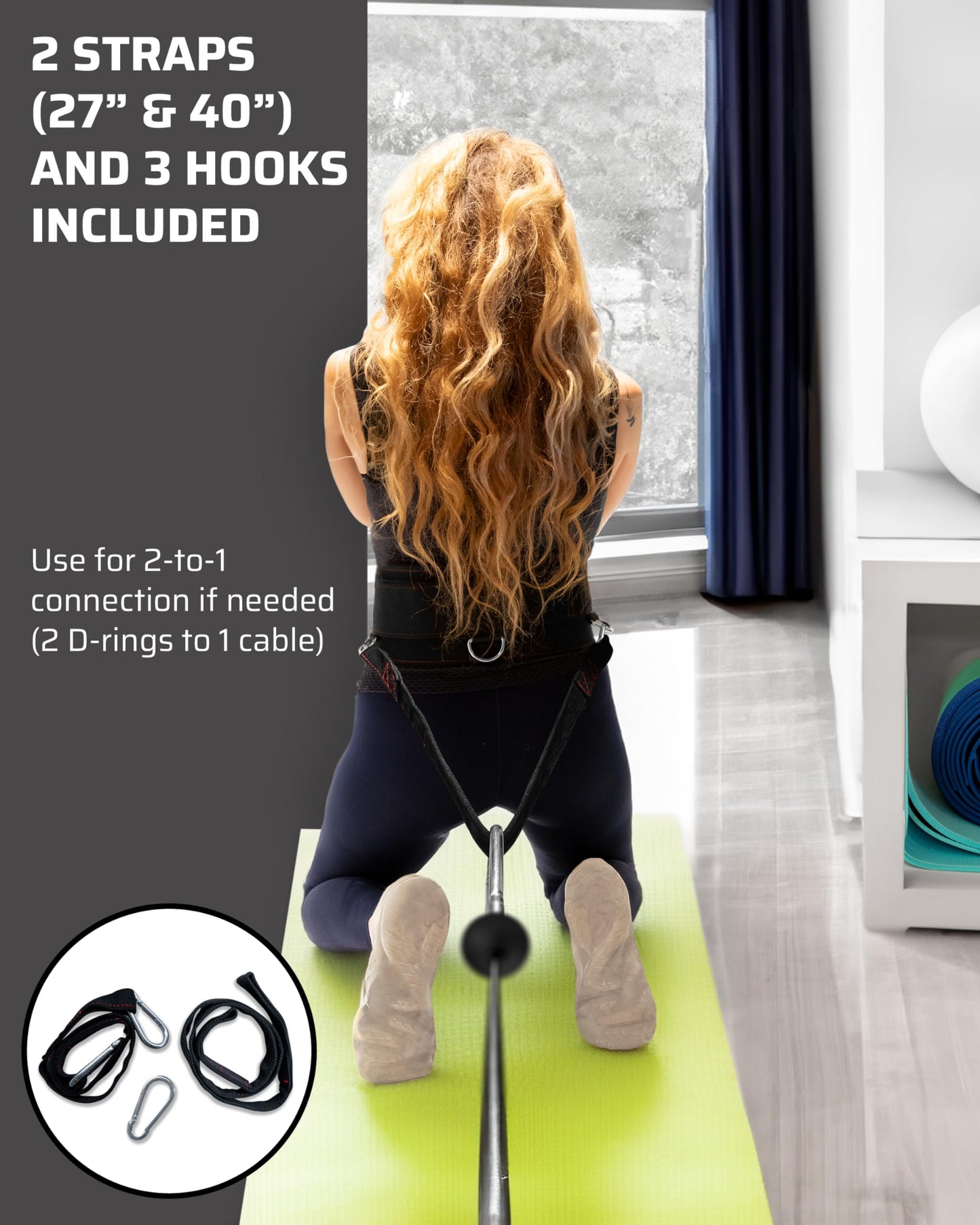 THEFITGUY Multi-Attachment Belt for Cable Machine and Smart Home Gym Squats and Hip Thrusts, 5 Attachment Points for Optimal Weight Distribution, 2 Straps (40” & 27”) and 3 Metal Snap Hooks Included
