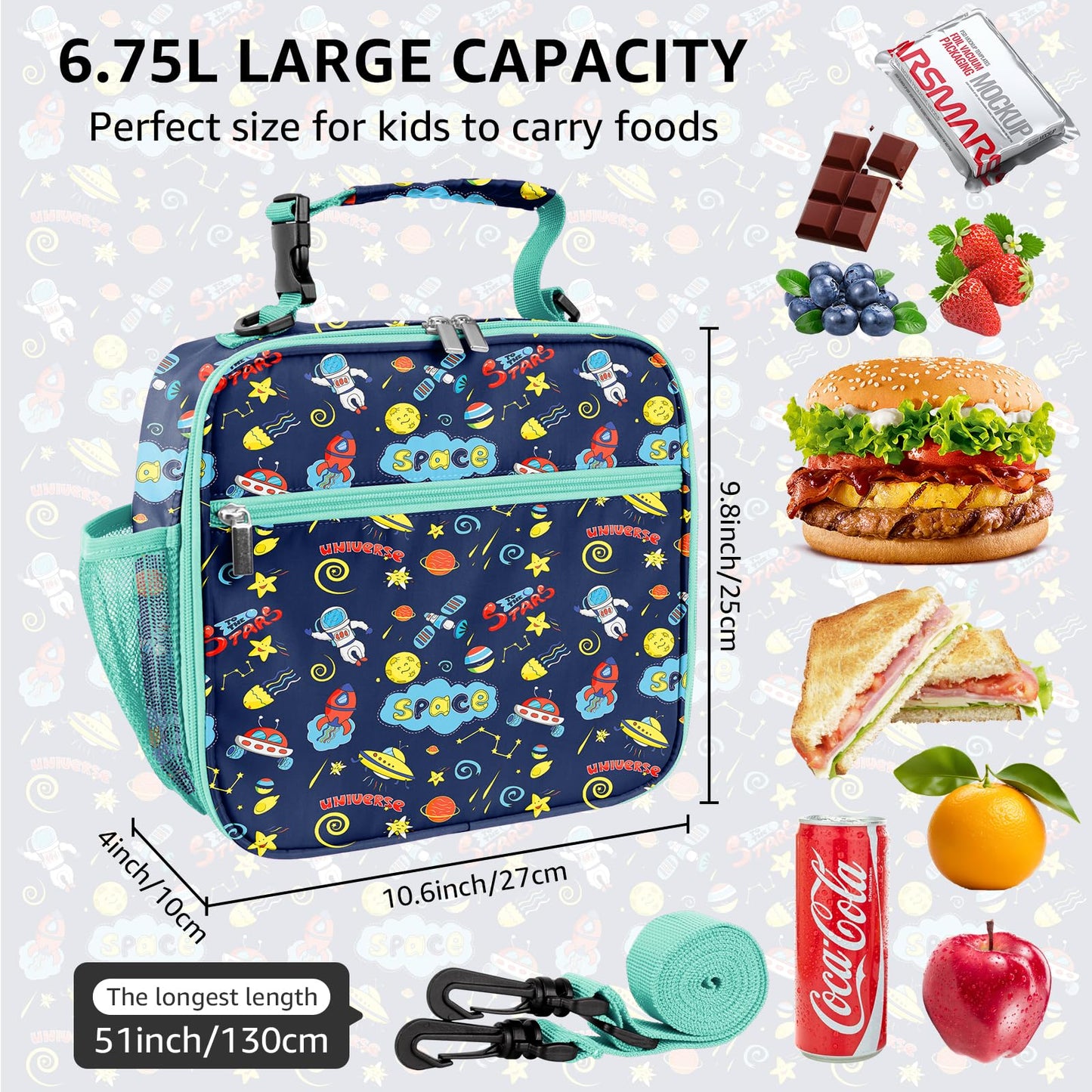 ZAZIWZ Lunch Bag for Kids Insulated Lunch Boxe for Girls Boys Reusable Cooler Tote Small Lunchbag Back to School Cute Lunchbox for Teens 02 (Space)