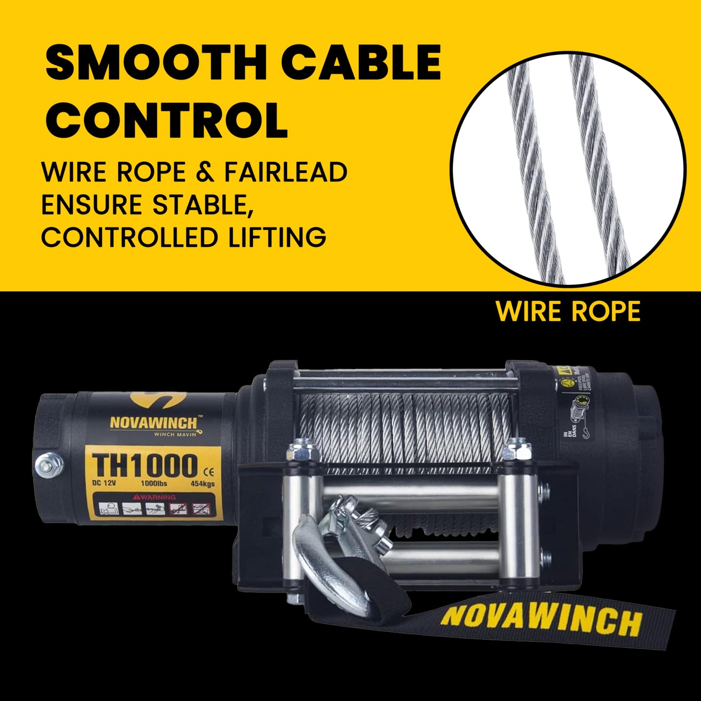 Novawinch TH1000 Electric Hoist 1000 lb - 12V DC Power Hoist with Mechanical Brake - Cable Hoist with Plug in Remote Control - Vertical or Horizontal Mount Lifting System for Material Handling