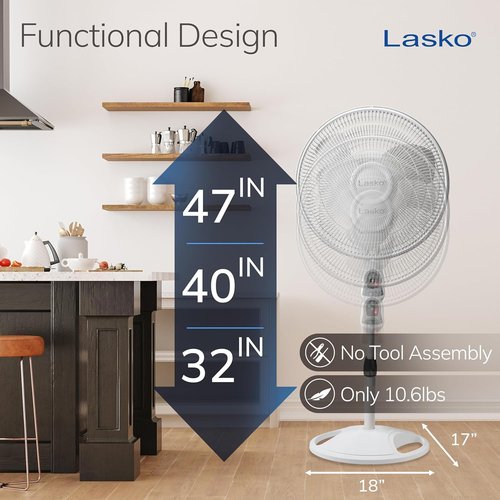 Lasko 16-Inch Oscillating Pedestal Stand Fan - Adjustable Height, Timer & Remote Control | White