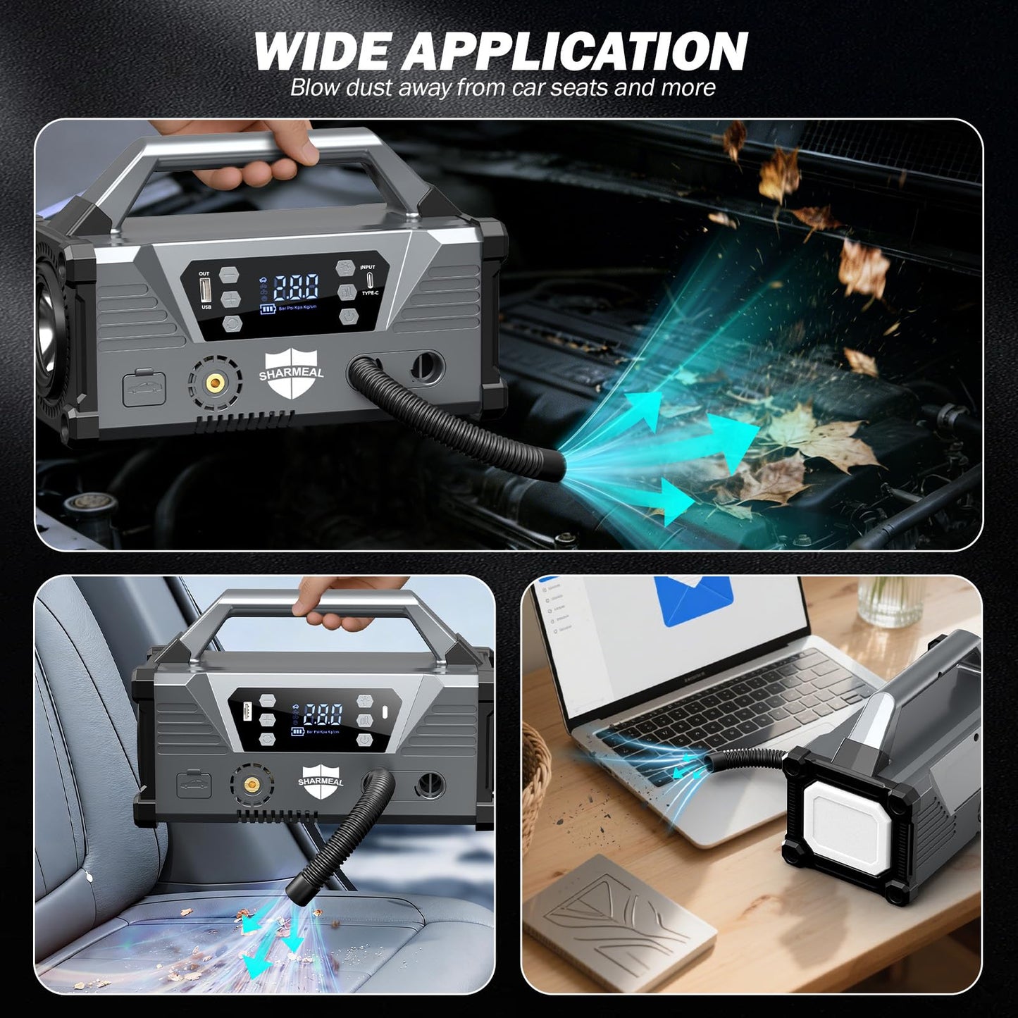 Sharmeal Jump Starter with Air Compressor，9000A Car Battery Jump Starter (All Gas/12.0L Diesel)，200PSI Car Battery Jumper Starter Portable 12V Jump Box with Jumper Cables, LED Light