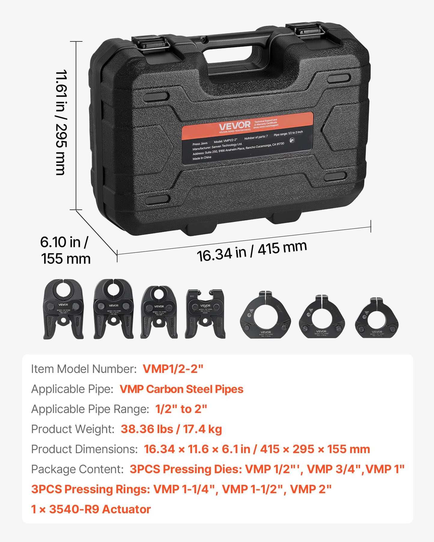 VEVOR 7PCS VMP Pressing Kit 1/2" to 2" - 3PCS Press Jaws, 3PCS Press Rings, 1PCS Actuator - Compatible with Megapress Carbon Steel Pipes, Work with 32KN Standard Press Tools - with Case