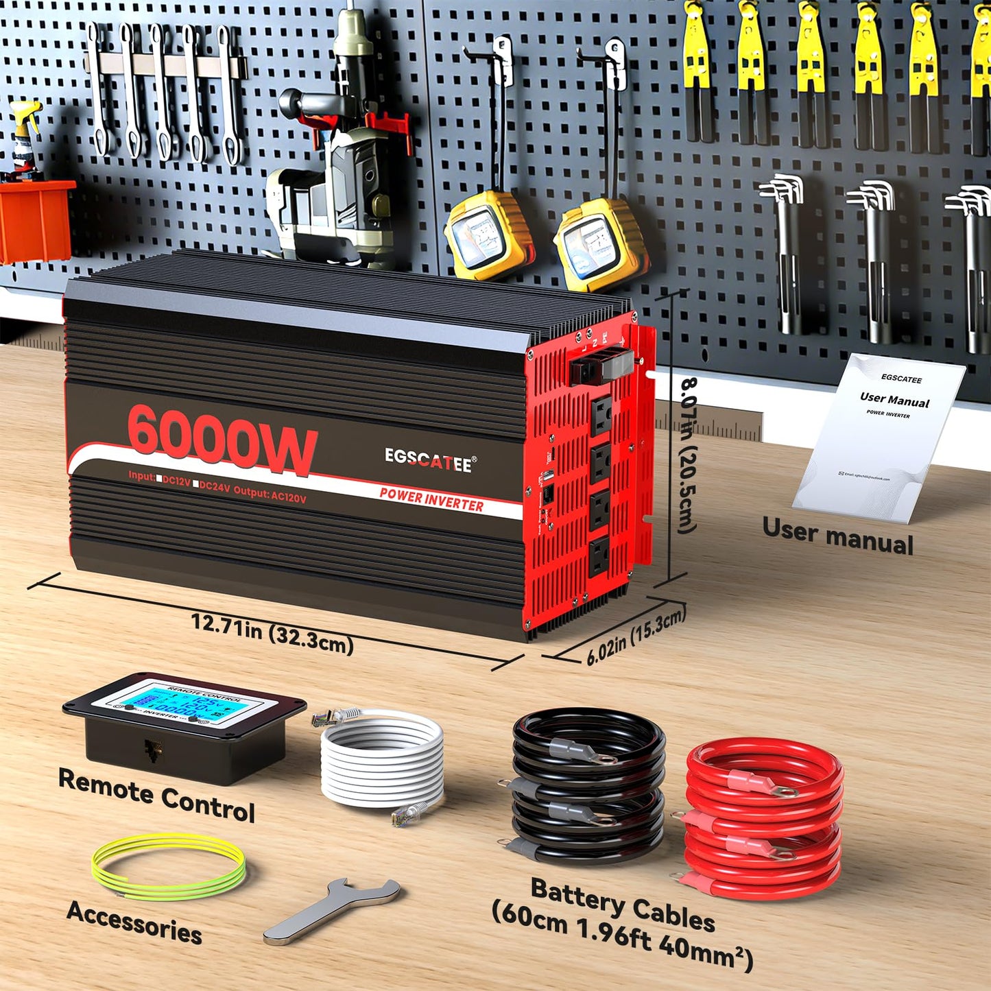 6000W Power Inverter 12V DC to 120V AC, 11000W Peak Off-Grid Solar Converter for 12V Battery Bank, RV, Truck & Home Backup Power System, 4 AC Outlets, USB & Type-C Port, LCD Remote Controller