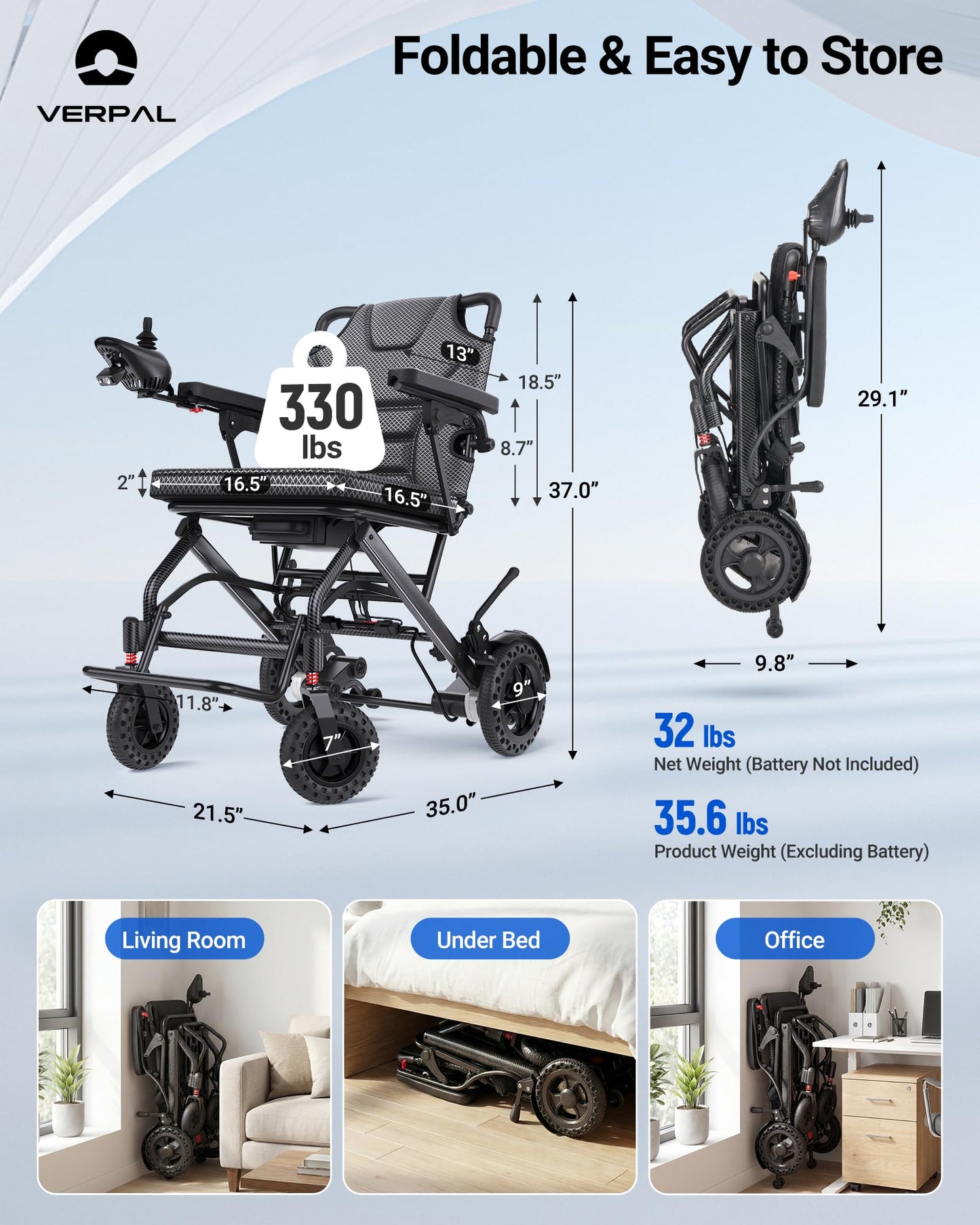 VERPAL 32lbs Lightweight Electric Wheelchair, Foldable Electric Wheelchair for Adults, Seniors, 360W Dual Motor Power Wheelchair 12.5 Miles for Travel, Park Hospital, 330 lbs Capacity-6Ah 16.5" Seat