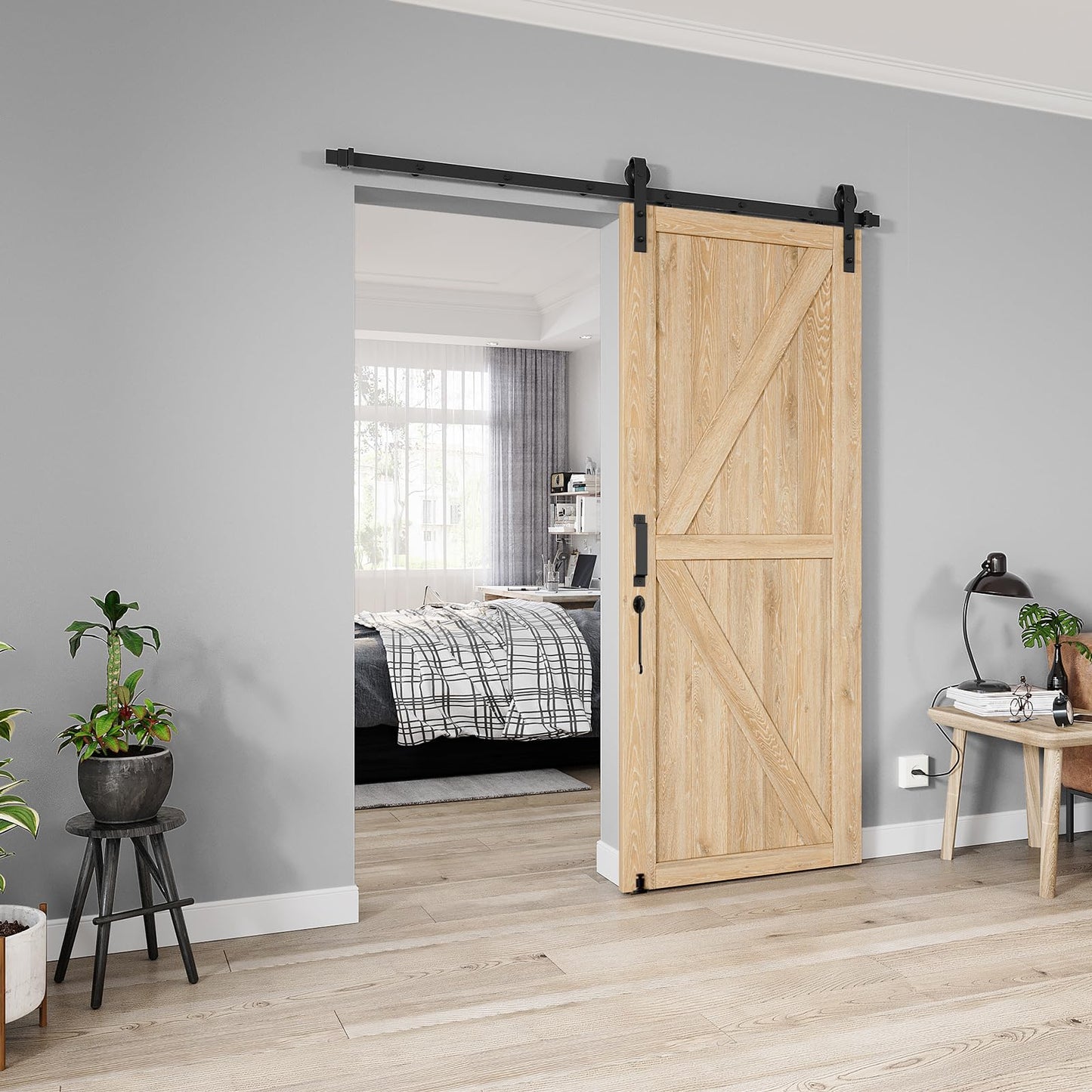 HomLxclx 6.6 FT Heavy Duty Sliding Barn Door Hardware Kit-Smoothly and Quietly-Easy to Install with Adjustable Floor Guide,Door Hook and 2 Handles-Fit 1 3/8-1 3/4" Thickness (Black)(J Shape Hangers)
