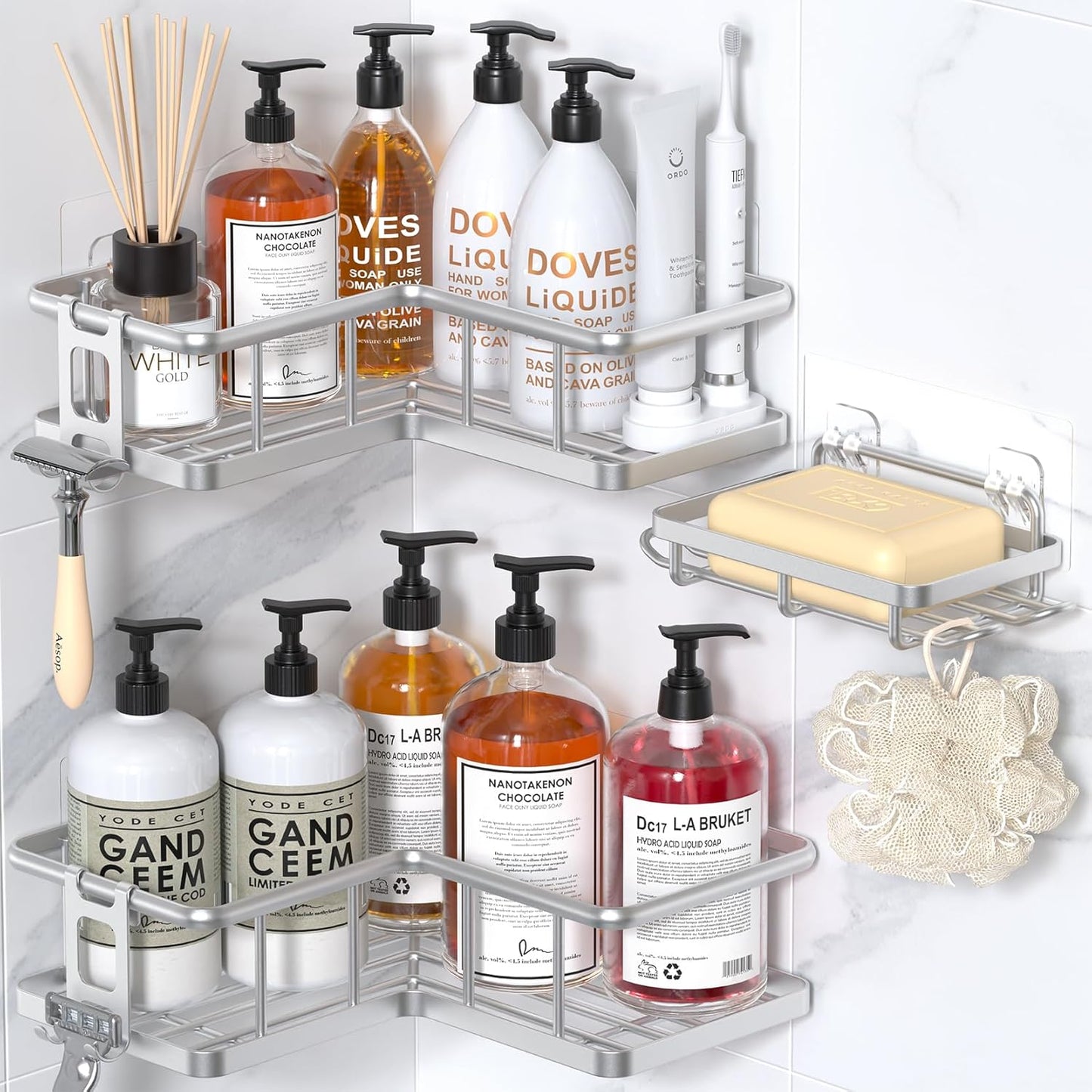 YASONIC Corner Shower Caddy Organizer - Rustproof Self-Adhesive Bath Shelves with Soap Holder & 4 Hooks | Large Capacity, Silver (3-Pack)