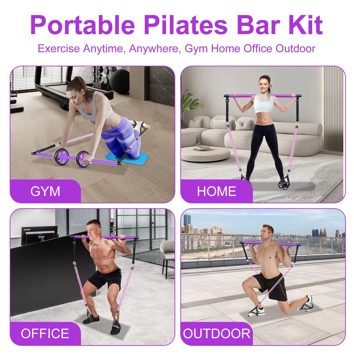 Pilates Bar Kit with Resistance Bands for Working Out, Pilates Equipment with Ab Roller for All Fitness Levels, Portable Home Gym Full Body Workout Equipment for Women&Men