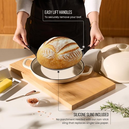 Kook Enameled Cast Iron Bread Oven - Versatile Baking Pan with Ceramic Lid & Handles | Ivory Color