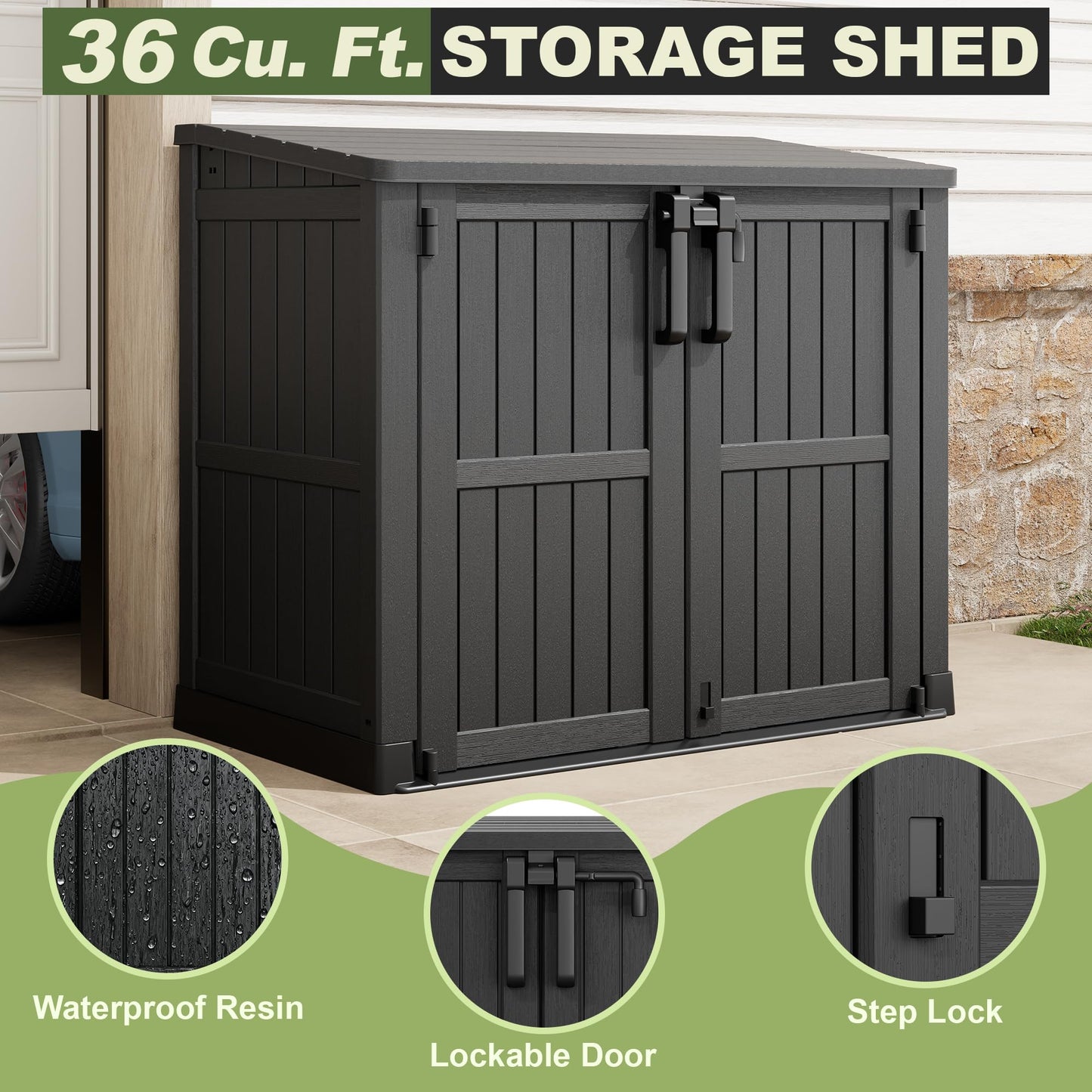 WTFGO 36 Cu Ft Resin Outdoor Storage Shed, Weatherproof Horizontal Outdoor Storage Cabinet with Dual Lock Door for Backyard, Patio, Garage, Garden(Black)