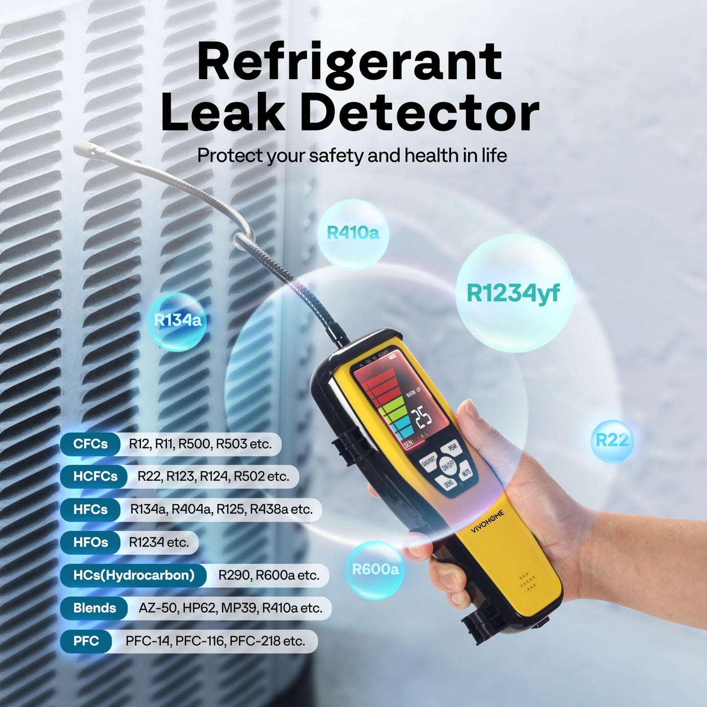 VIVOHOME HVAC Refrigerant Freon Leak Detector with Rechargeable Battery, AC Sniffer Leak Detector for R134a R410a R1234yf R454B R32 CFCs HCFCs HFCs HFOs HCs, Max Sensitivity up to 0.03oz./yr
