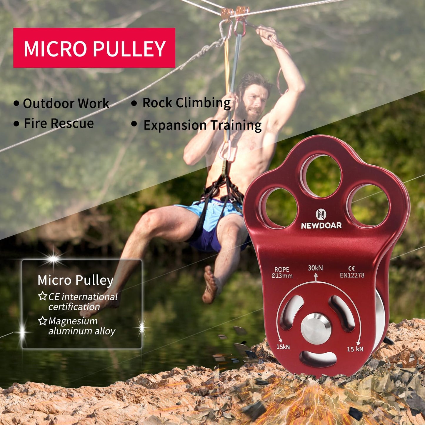 NewDoar 30 KN CE Certified Three Holes Rescue Climbing Pulley,for Max Rope 13mm Rope Hauling with Bearing Rappelling, Zipline,Durability Side Plates