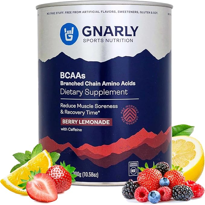 Gnarly Nutrition BCAA Powder, Berry Lemonade ??Pre-Workout BCAAS Amino Acids ??NSF Sport Certified ??Supplement to Support and Rebuild Muscle ??Berry Lemonade with Caffeine, 10.58 oz