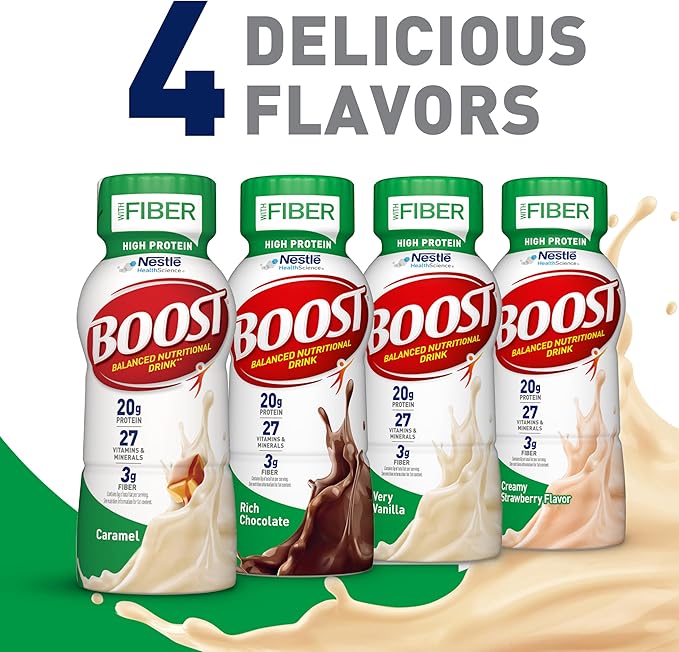 BOOST High Protein with Fiber Ready to Drink Complete Nutritional Drink, Creamy Strawberry, 8 fl oz Bottle, 24 Pack