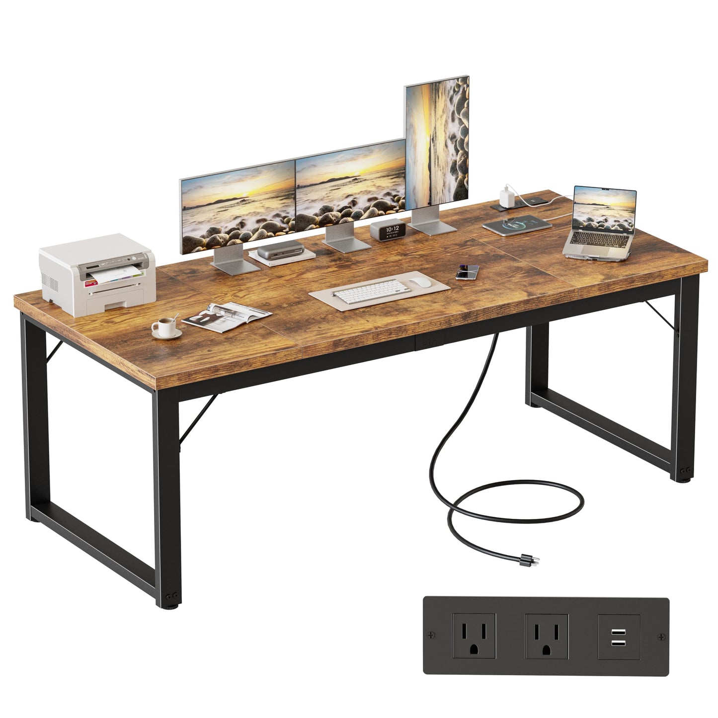 Mericonia 63 Inch Large Computer Desk with Power Outlets, 1.2" Thick Heavy Duty Industrial Office Desk, Modern Simple Study Writing Table for Home Office Bedroom Workstation, Brown