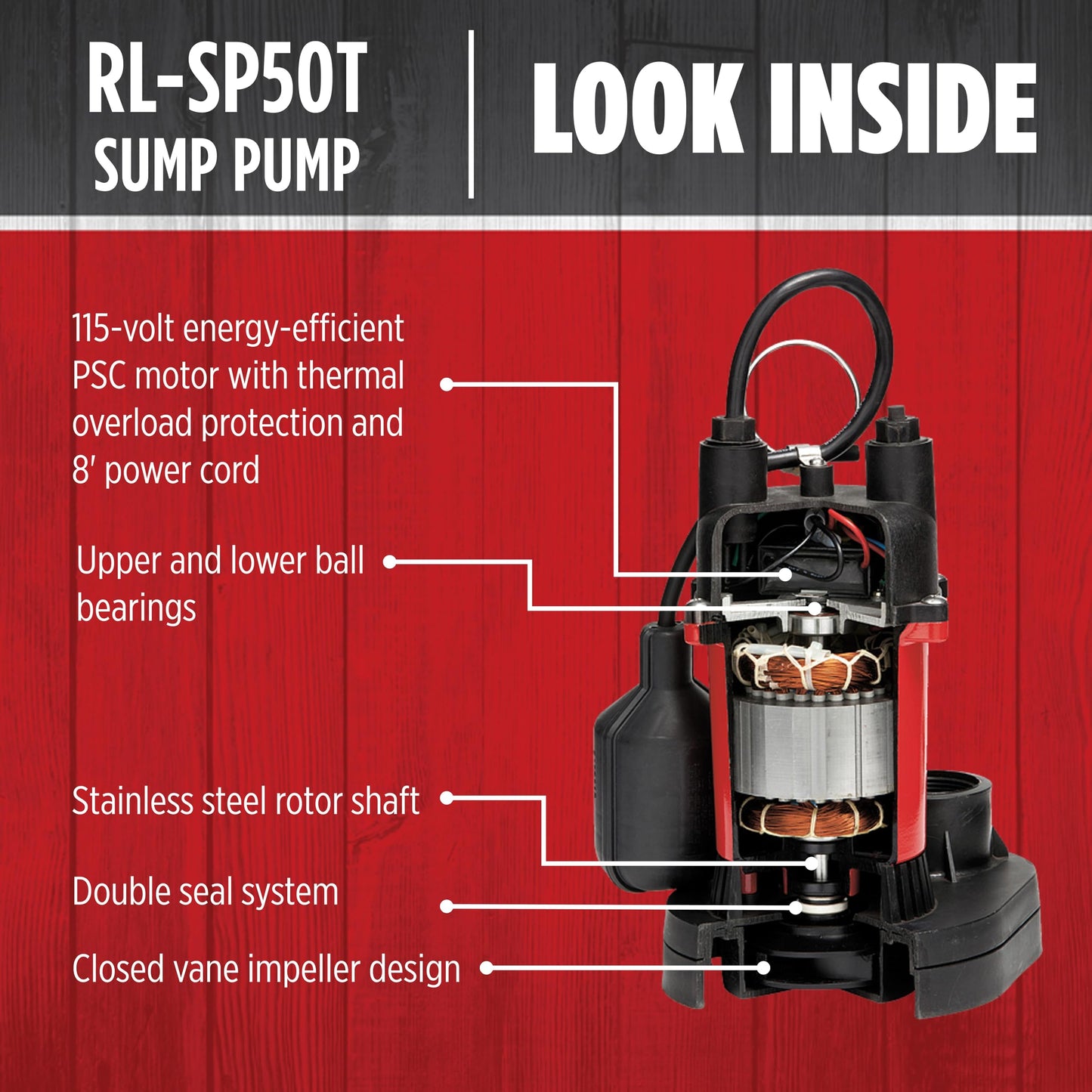 Red Lion RL-SP50T 115-Volt, 1/2 HP, 3600 GPH Aluminum and Thermoplastic Sump Pump with Tethered Switch and 8-Ft. Cord, Red, 14942742