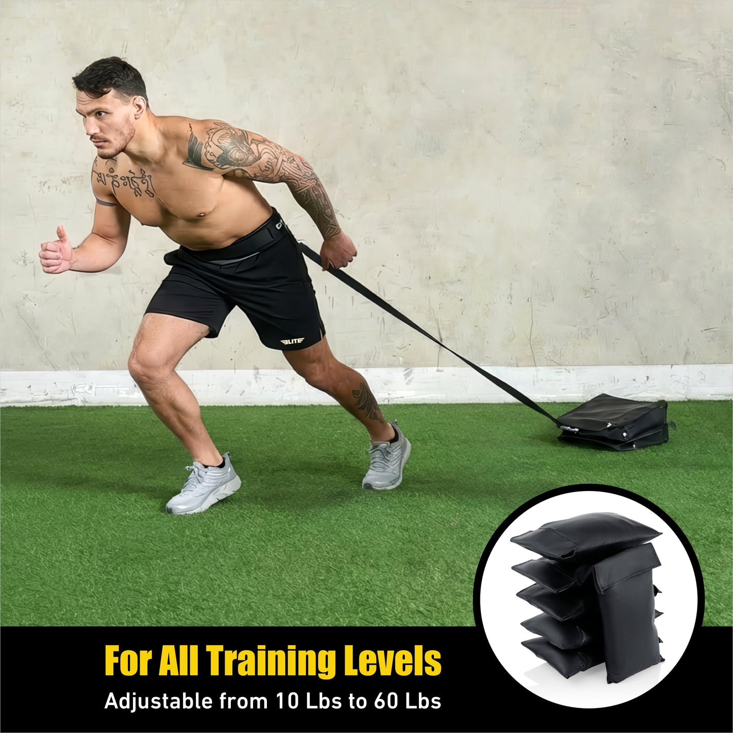 Elite Twin Sand Bag Sled Workout Sled – Waterproof Weight Sled Trainer with 6-Level 10–60 lb Resistance Pull System, Adjustable Waist Strap for Speed, Strength, Endurance & Agility Training