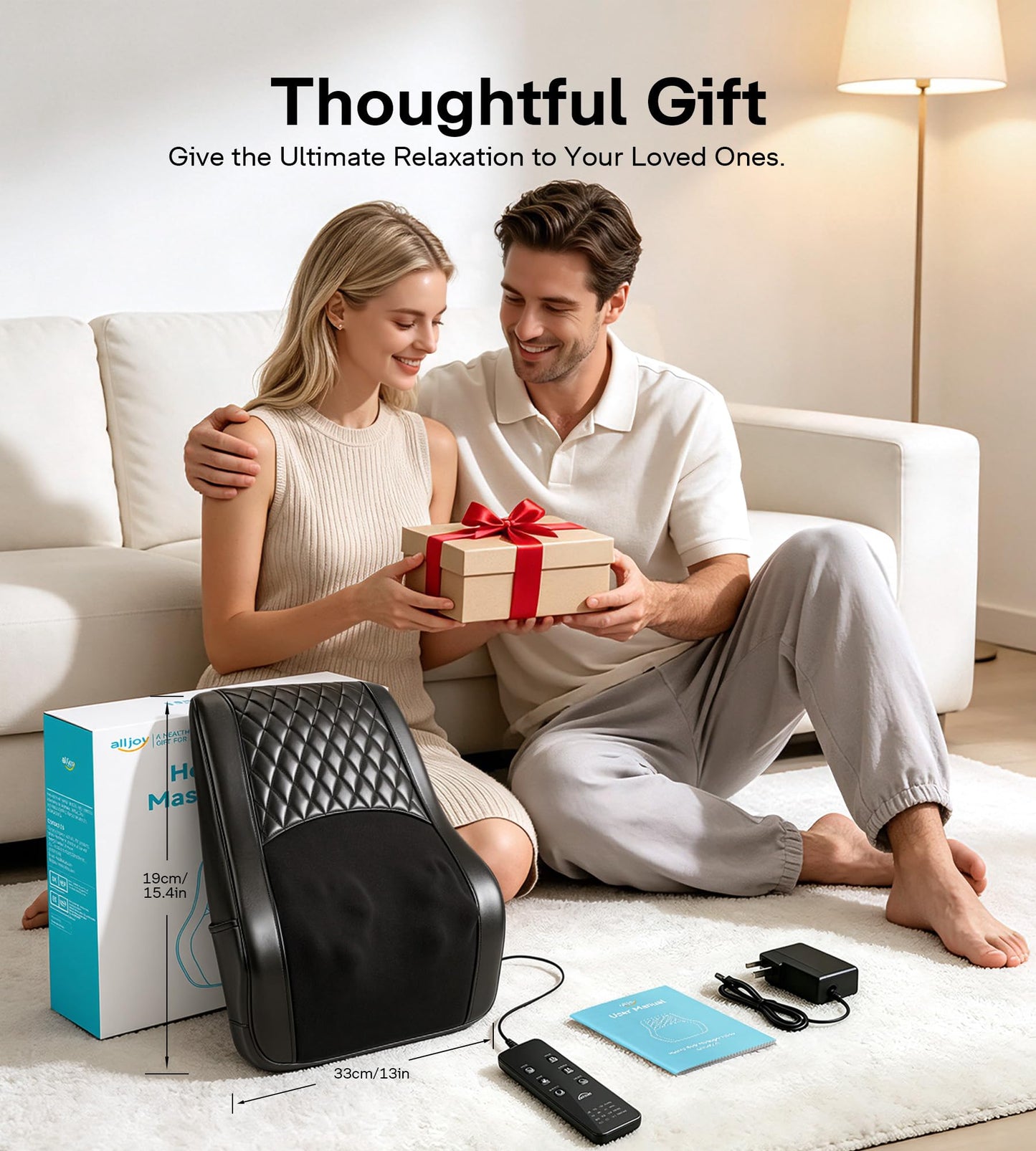 ALLJOY Heated Back Massager for Back Pain Relief, Deep Tissue Shiatsu Lumbar Support Pillow with 3 Massage Modes, 3 Intensity Levels & 3 Timer Settings for Office Chair Home, Fathers Day Gift for Dad