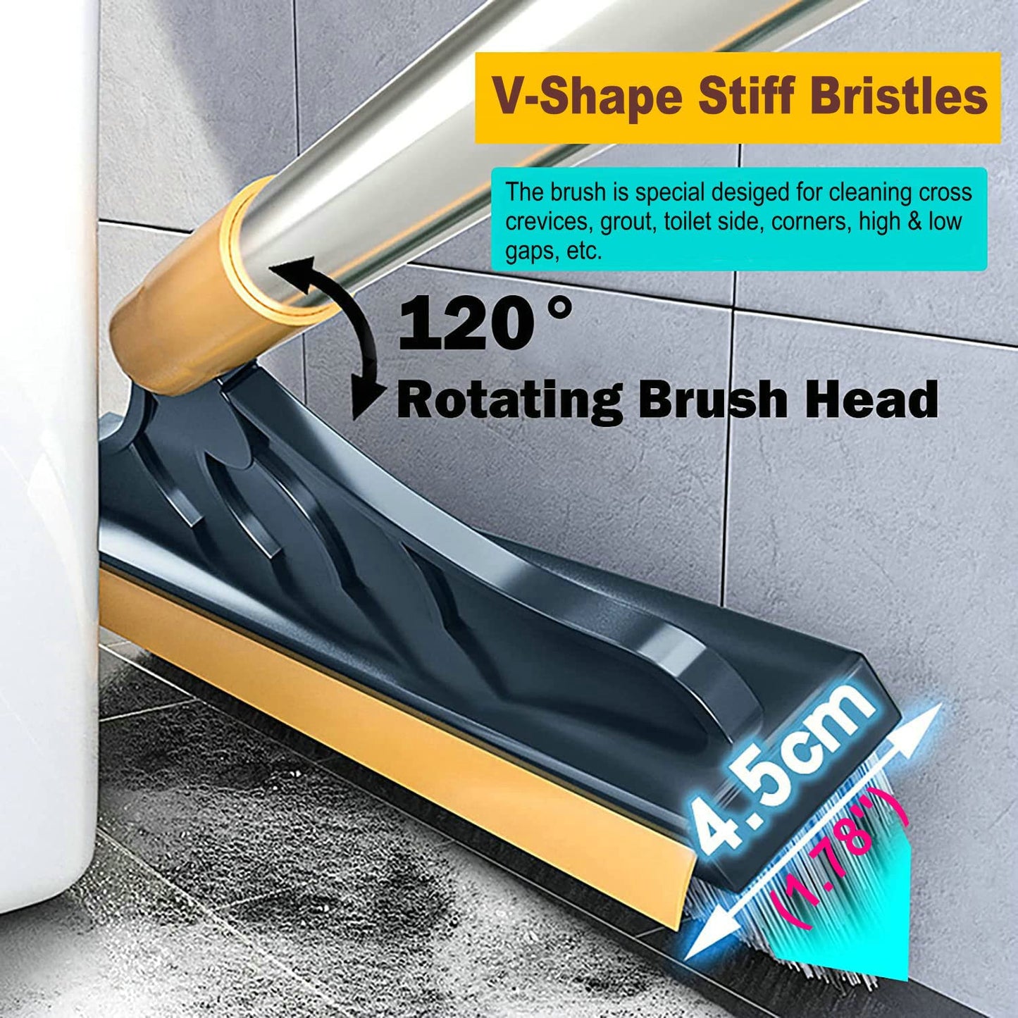 2 in 1 Cleaning Scrub Brush Grout Brush Scrape Floor Scrub Brush with Long Handle V-Shape Stiff Bristle Brush Scrubber with Squeegee 120°Rotating Shower Scruber for Cleaning Bathroom Glass Wall