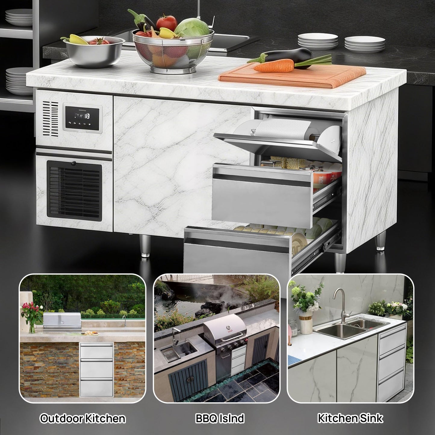 POPMOON BBQ Outdoor Kitchen Drawer W16.7 x D21.4 x H29.8 Inch Triple Access BBQ Drawers Stainless Steel Access Drawer for BBQ Island and Outdoor Kitchen