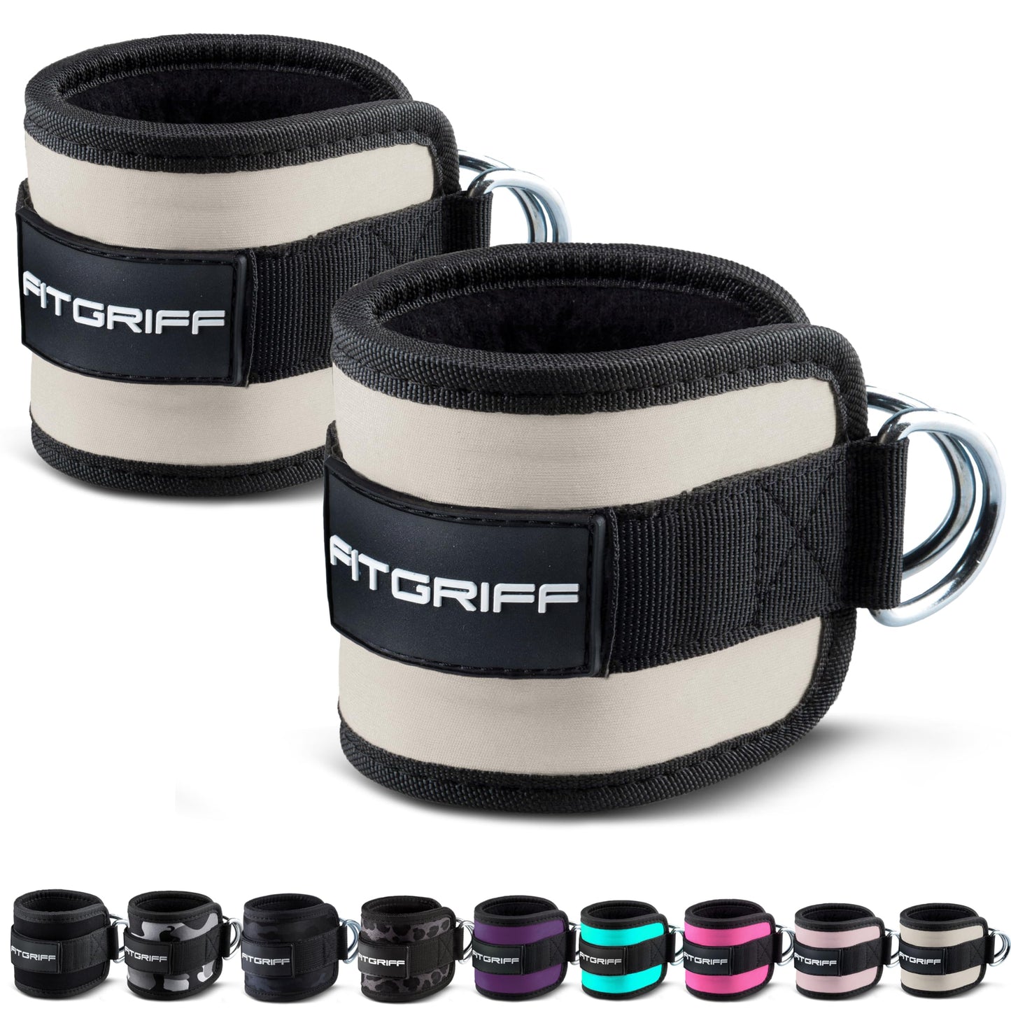 Fitgriff® Ankle Straps V1 for Cable Machine (2 Pieces) - Gym Workout Equipment - Leg Pulley Attachment, Kickback Straps (Sand)