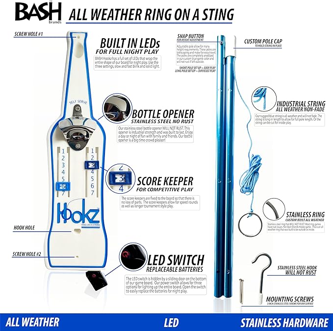 Poleish Sports Bottle Bash Brands Hookz LED Ring on a String Game (All Weather - Indoor or Outdoor)