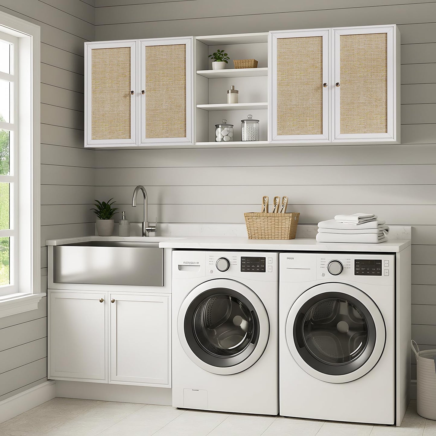 Furnaza Kitchen Wall Cabinets,Rattan Wall Mounted Laundry Cabinets with Adjustable Shelf, Floating Hanging Storage Cabinet for Laundry Room, Bathroom, Kitchen,63" W x 11.8" D x 21.6" H