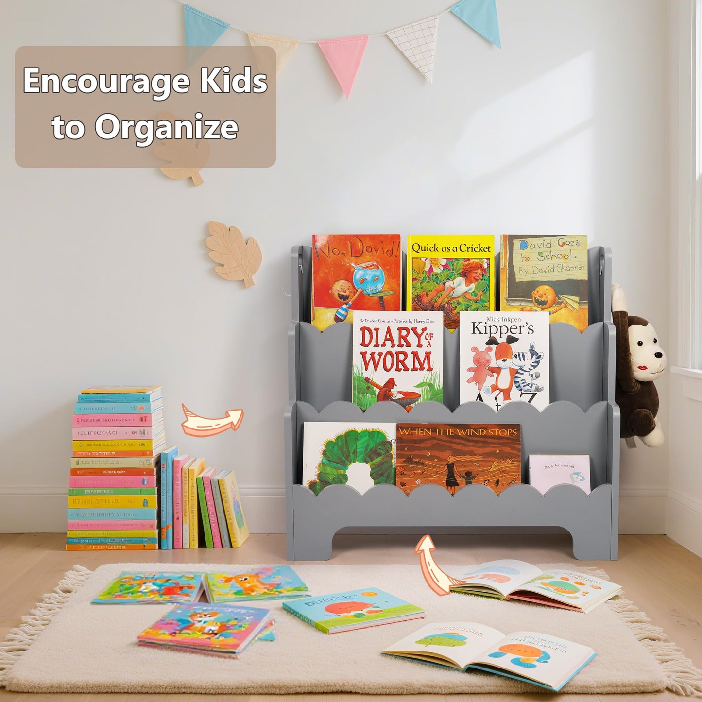 Tohiasen Kids Bookshelf Wooden 3-Tier, Scalloped Book Shelf for Kids Rooms, Front Facing Toddler Montessori Bookshelf, Baby Nursery Book Shelves Kid Classroom Book Shelf Bookcase