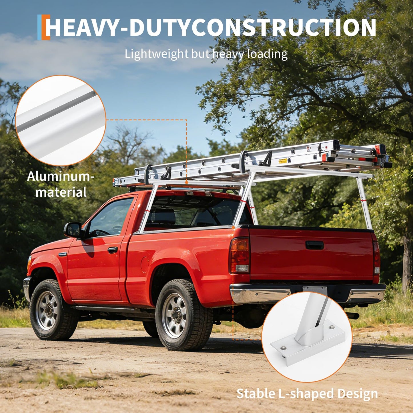 Truck Ladder Rack 35.4-71 Inch Adjustable Heavy Duty Pickup Bed Cargo System 800 LB Capacity Aluminum Kayak Lumber Work Equipment Carrier with Drilling Mount for Ford Chevy RAM