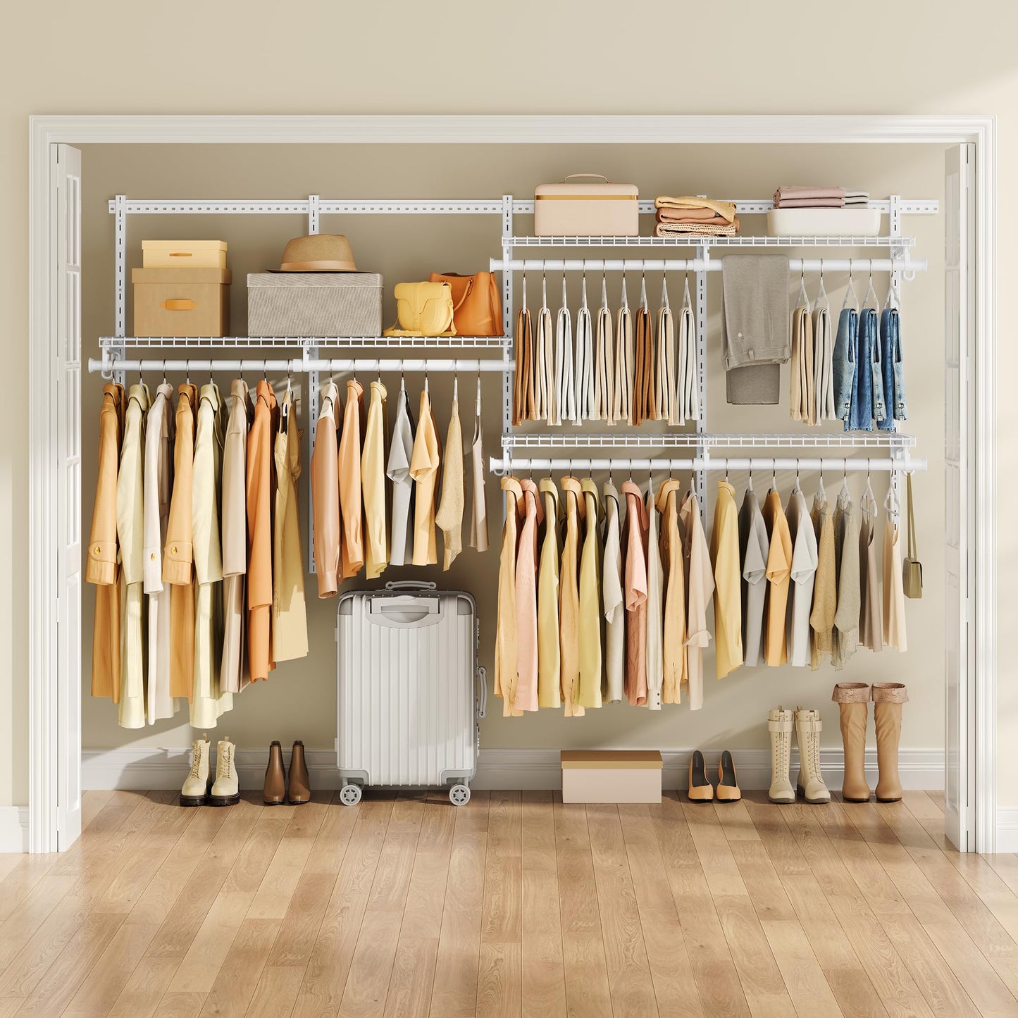 SONGMICS HOME Closet System, Closet Insert Organizer, 4-6 ft, Adjustable Metal Shelving Unit with 6 Hanging Rods, 6 Shelves, and Hooks, for Pantry Mudroom Garage Basement, Cloud White URGR032W01